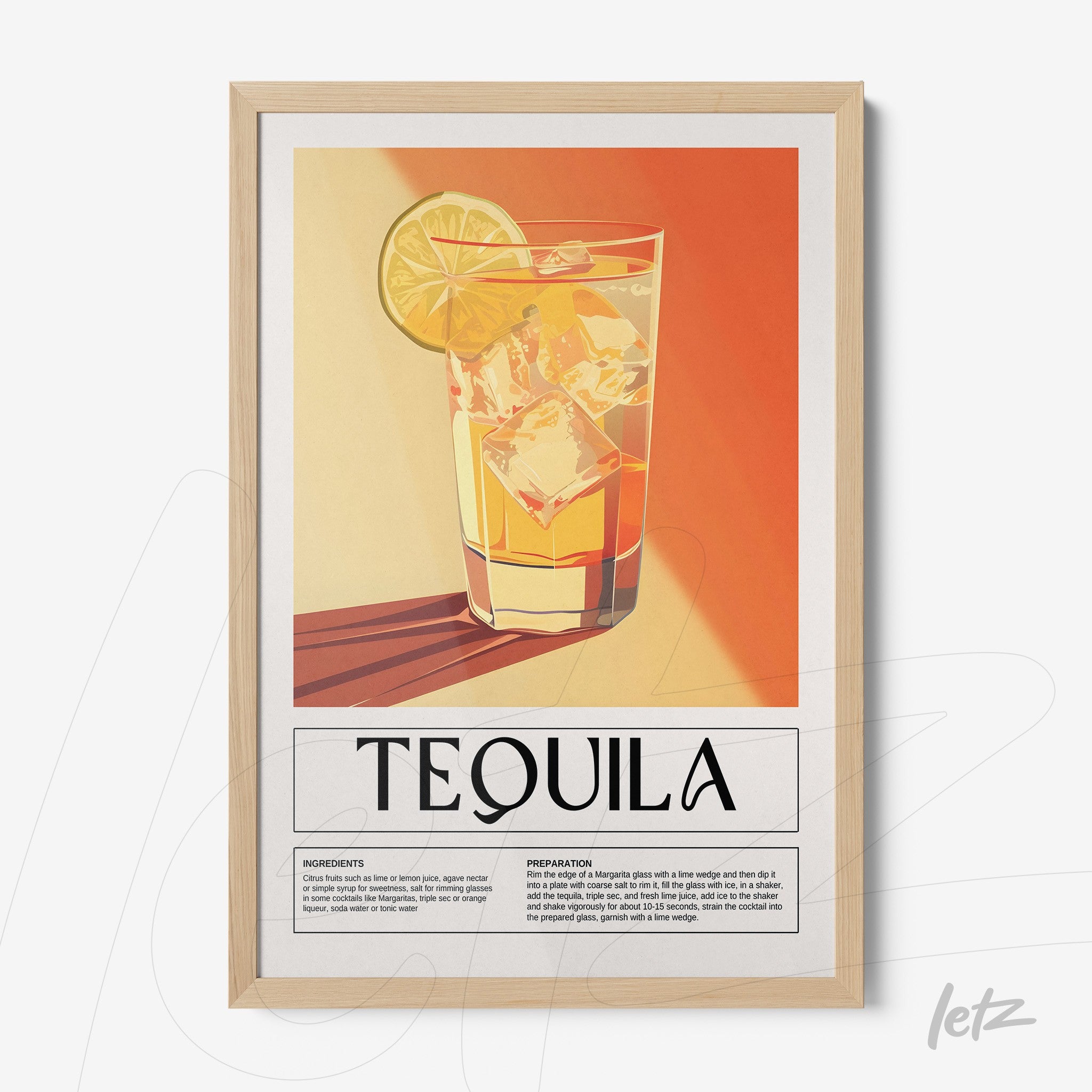 quadro com ilustração retro de drink tequila em moldura clara com fundo em tons quentes
