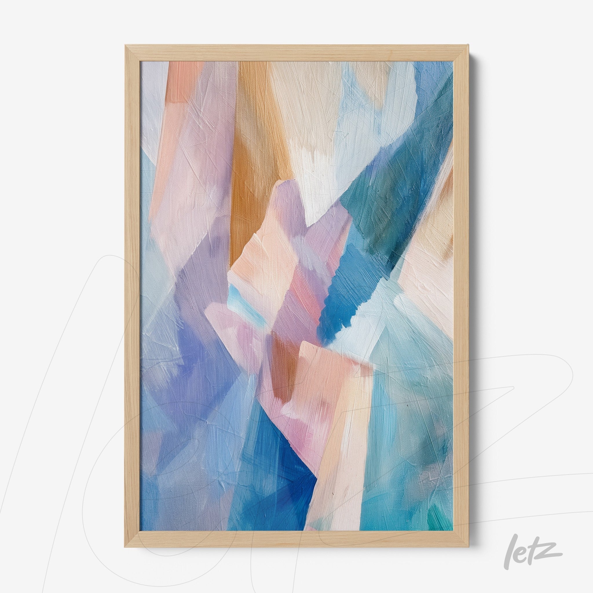 quadro com arte abstrata composta por tons de azul, rosa e creme em moldura de madeira clara
