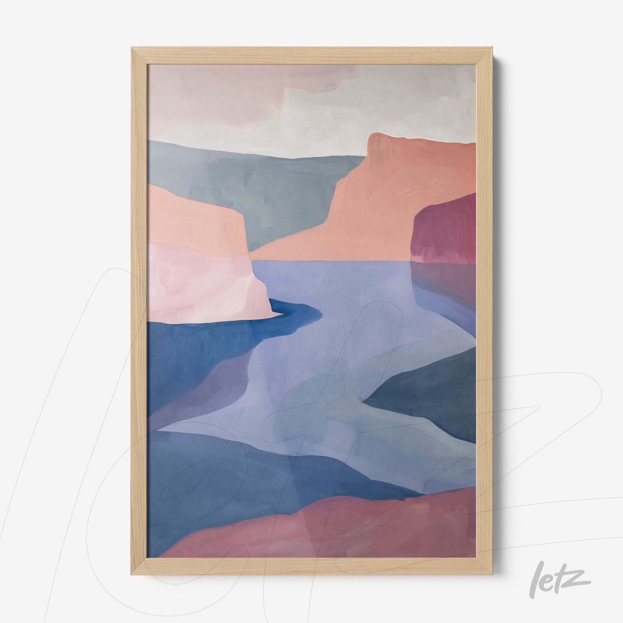 quadro com arte abstrata de paisagem com gradientes de rosa e azul em moldura de madeira clara