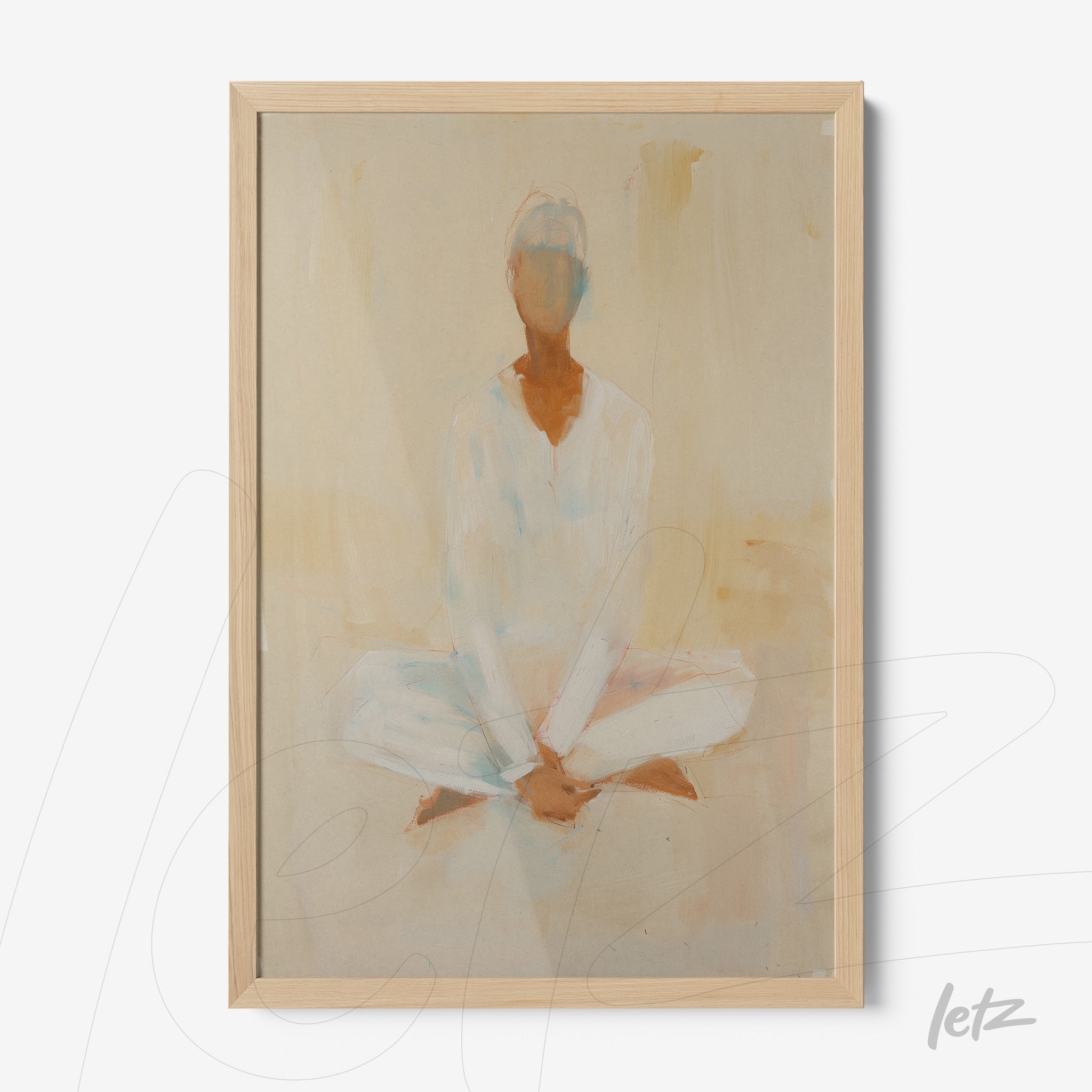 quadro com arte abstrata de figura meditativa sentado em pose de lótus com fundo suave em tons terrosos e moldura de madeira clara