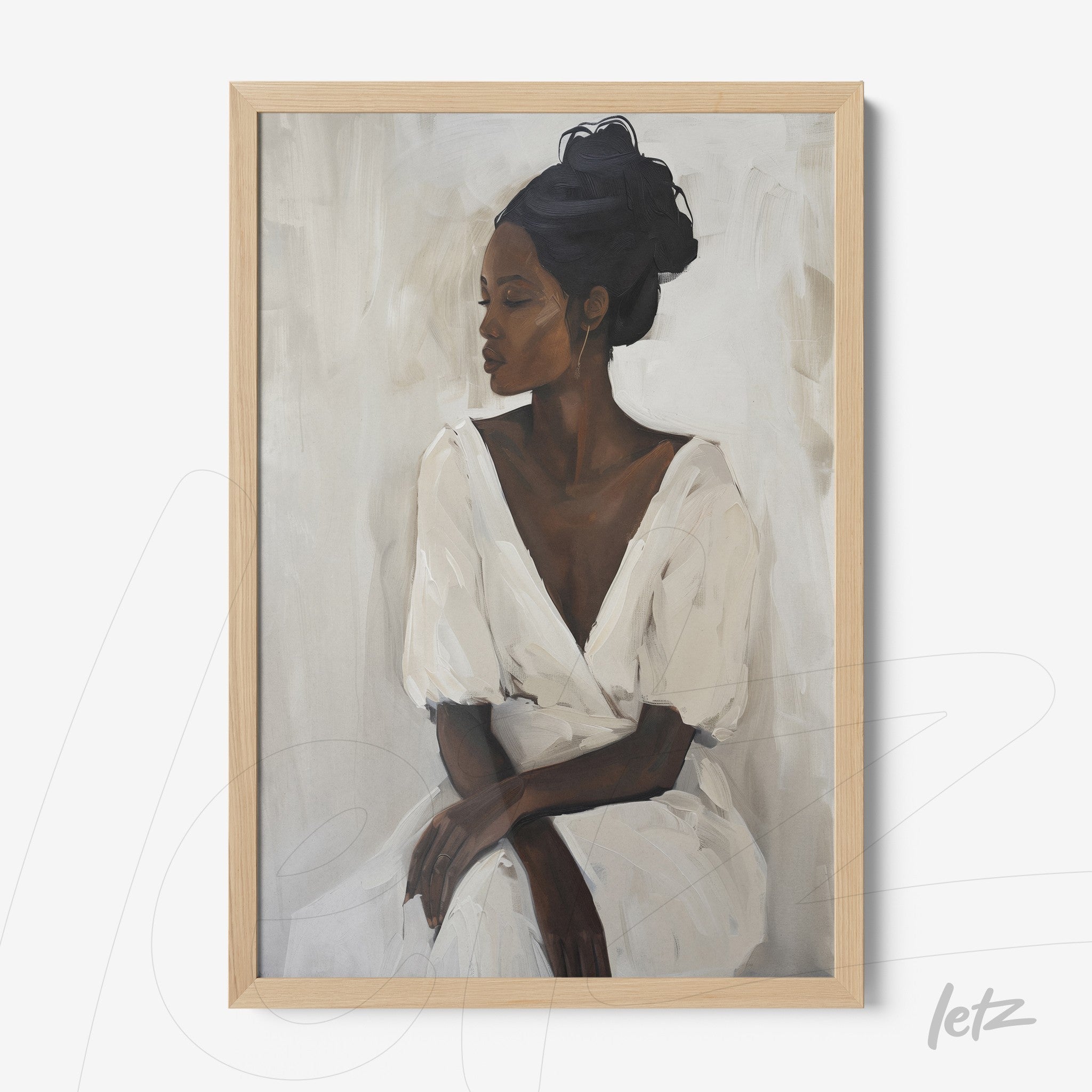 quadro com retrato de mulher negra em vestido branco, com moldura de madeira clara