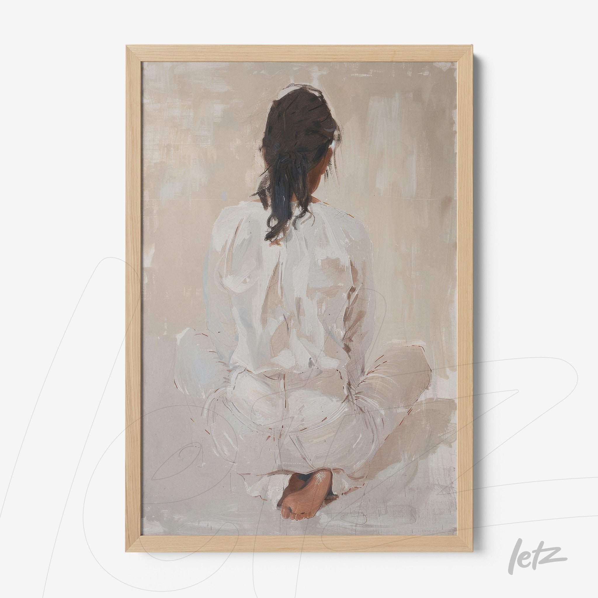 quadro com arte minimalista de uma mulher sentada de costas em tons neutros com moldura clara