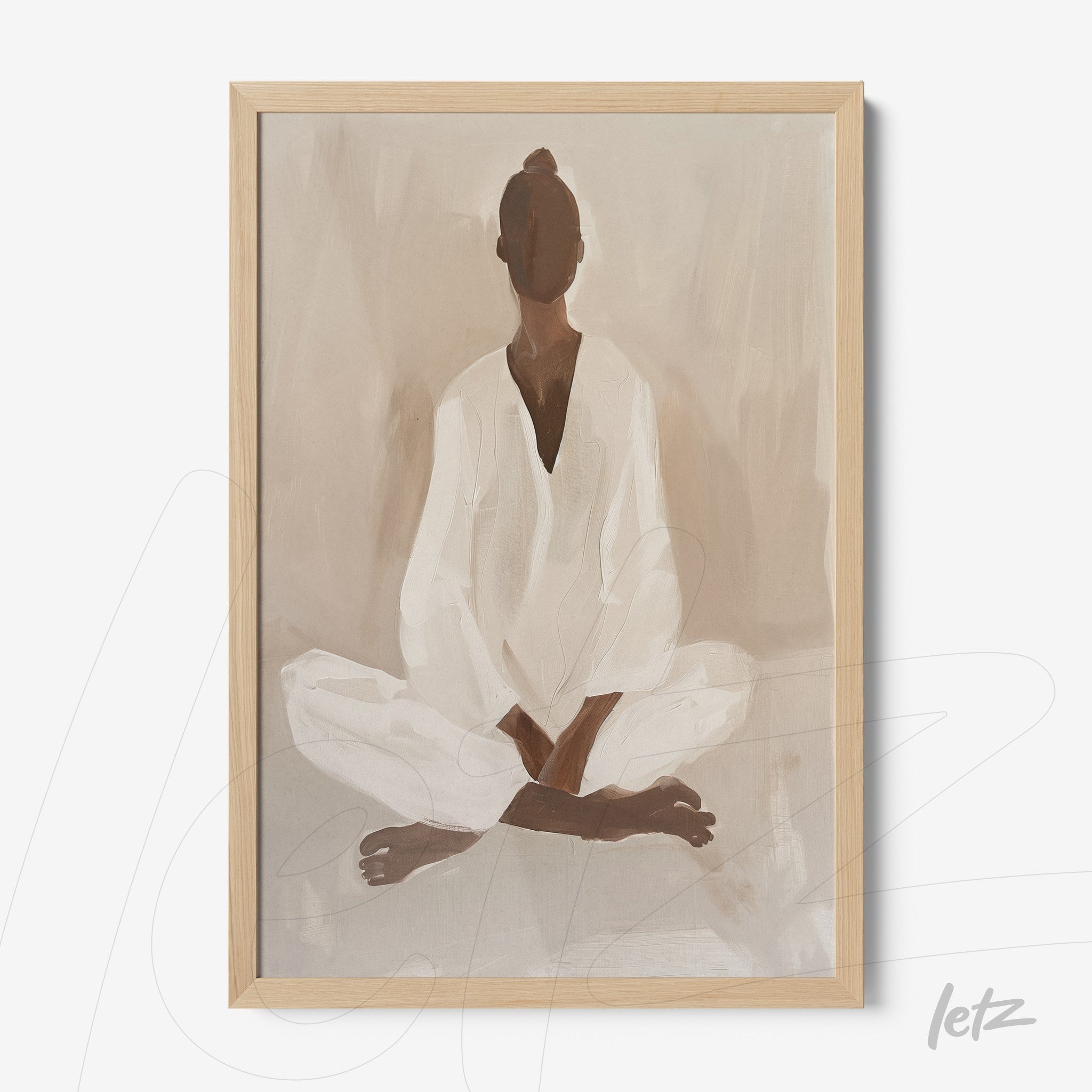 quadro com arte abstrata de figura feminina meditando em moldura clara de madeira
