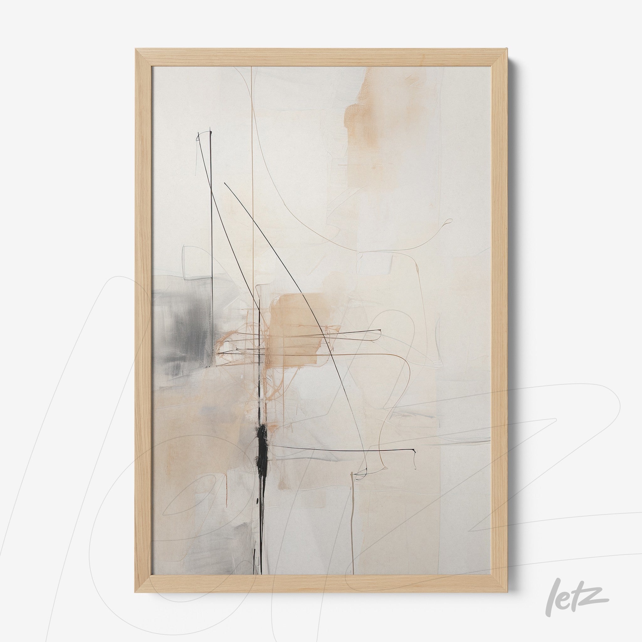 quadro abstrato em moldura de madeira clara com traços em preto e tons terrosos