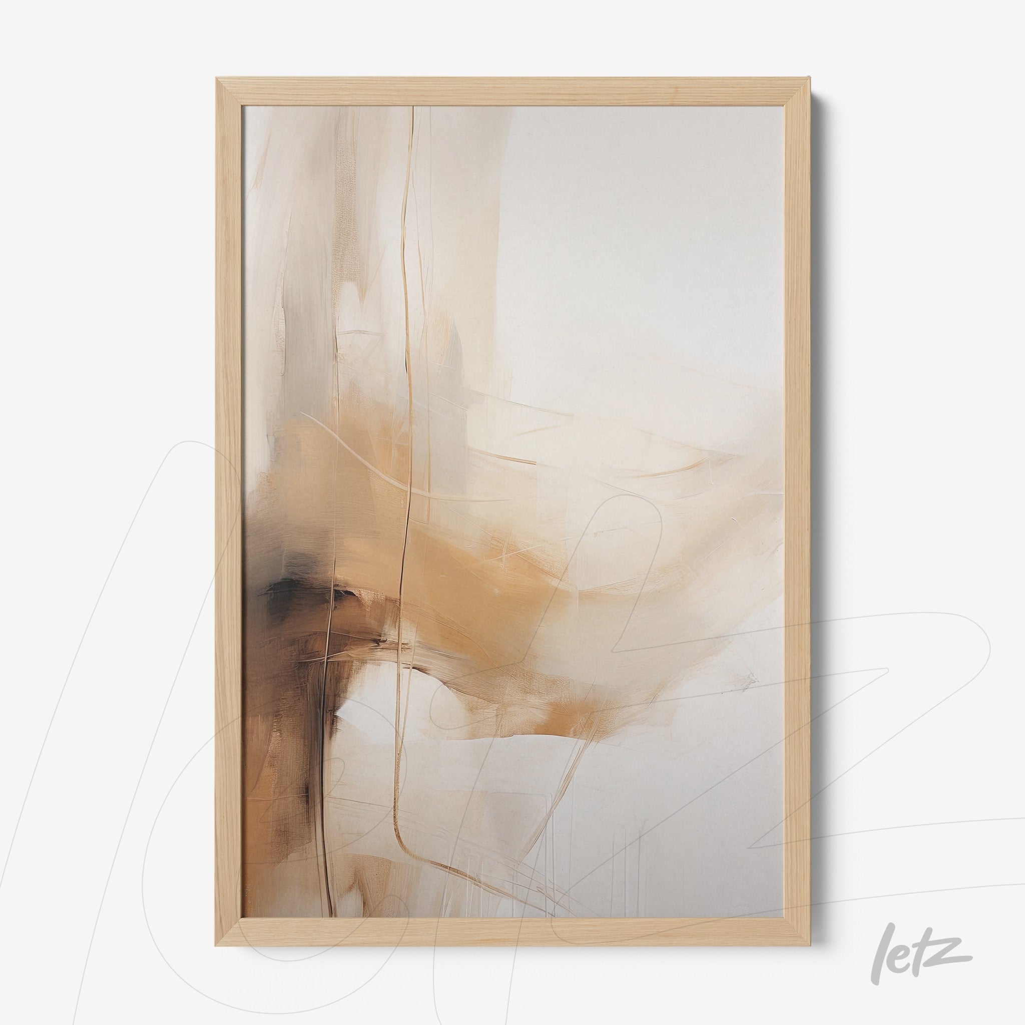 quadro com arte abstrata em tons terrosos em moldura de madeira clara