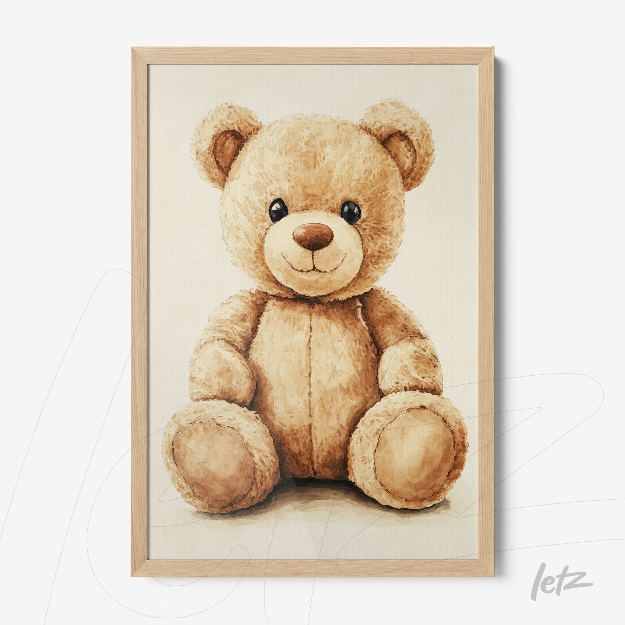 quadro decorativo ilustrando um urso de pelúcia em moldura de madeira clara