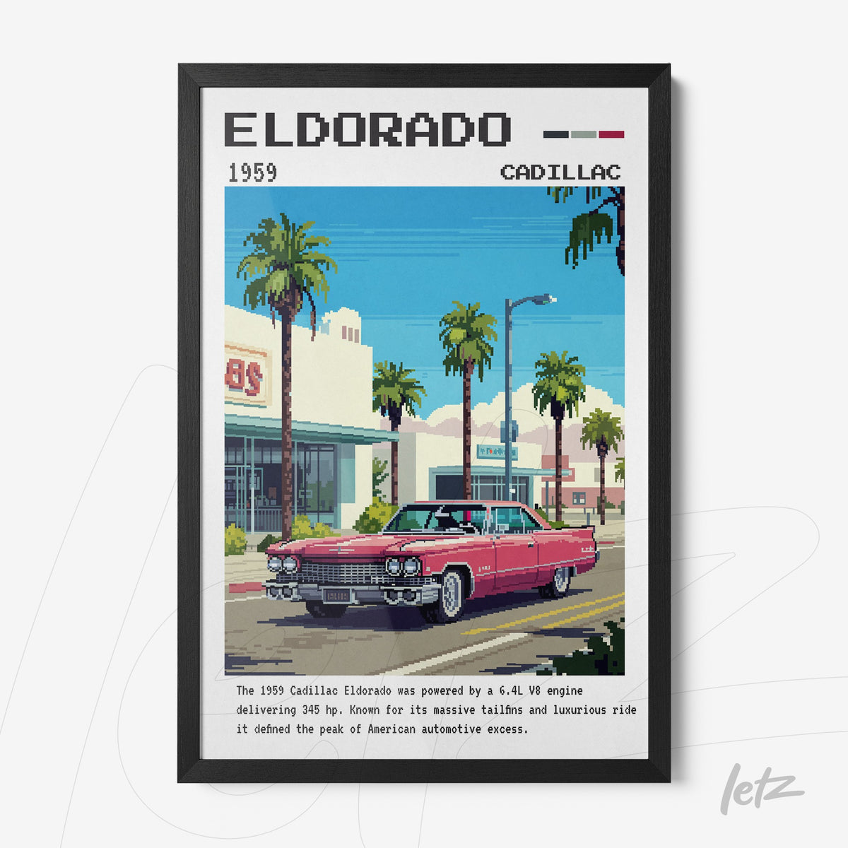 quadro com arte pixelada do Cadillac Eldorado de 1959 em frente a uma concessionária com palmeiras ao fundo e moldura preta
