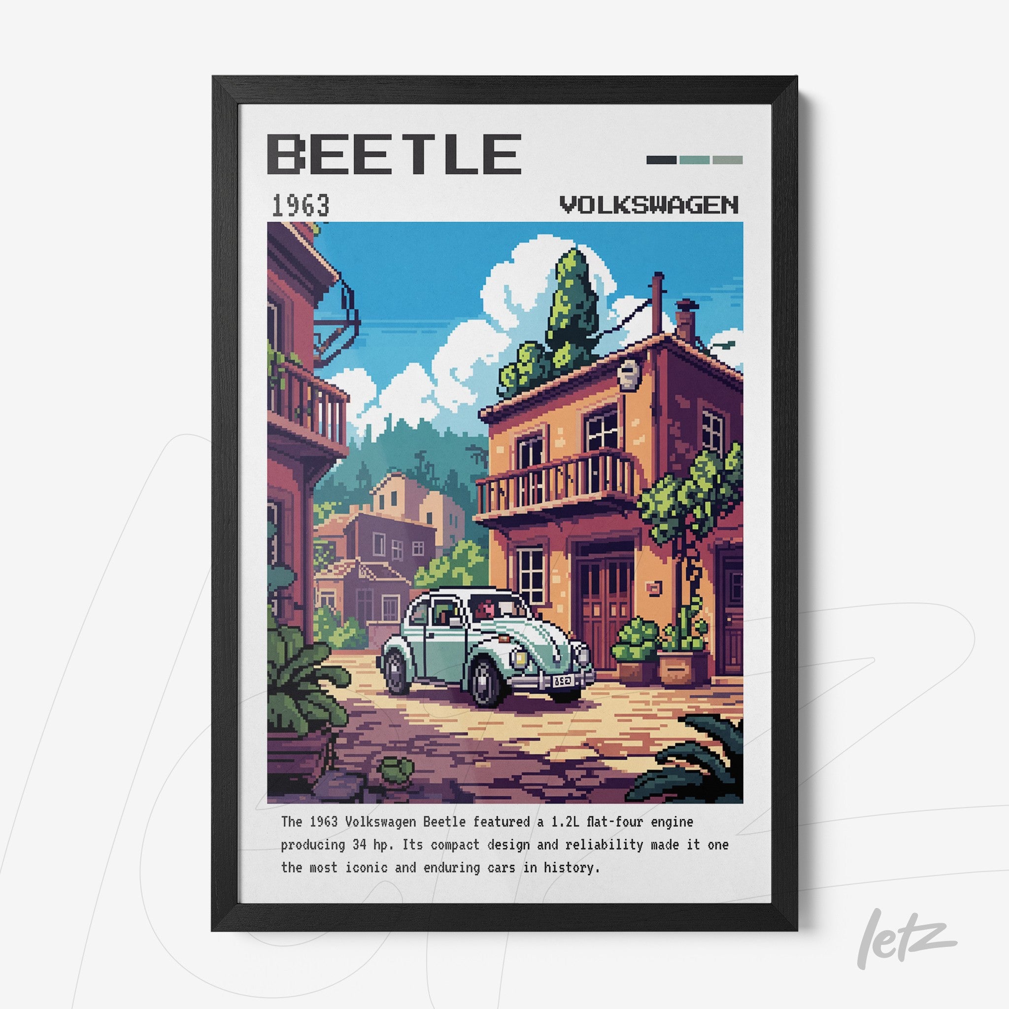 quadro decorativo com ilustração pixelada de um Volkswagen Beetle 1963 em uma cena urbana, moldura preta, fundo colorido