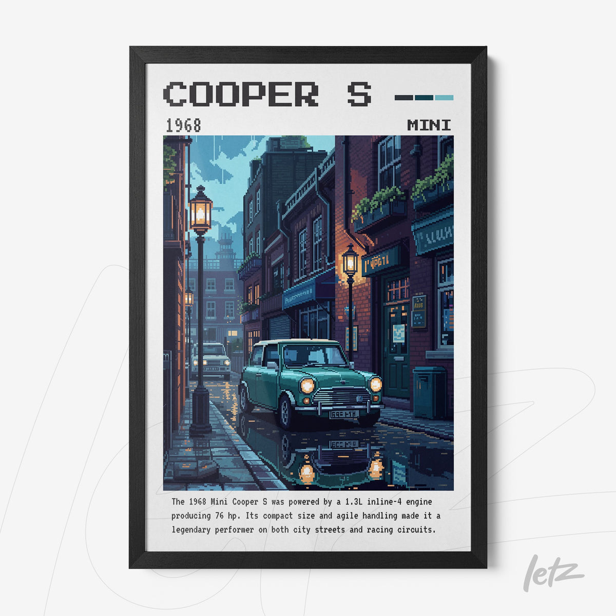 quadro em moldura preta com ilustração pixelada de um carro Mini Cooper S de 1968 em uma rua tranquila iluminada por lampiões
