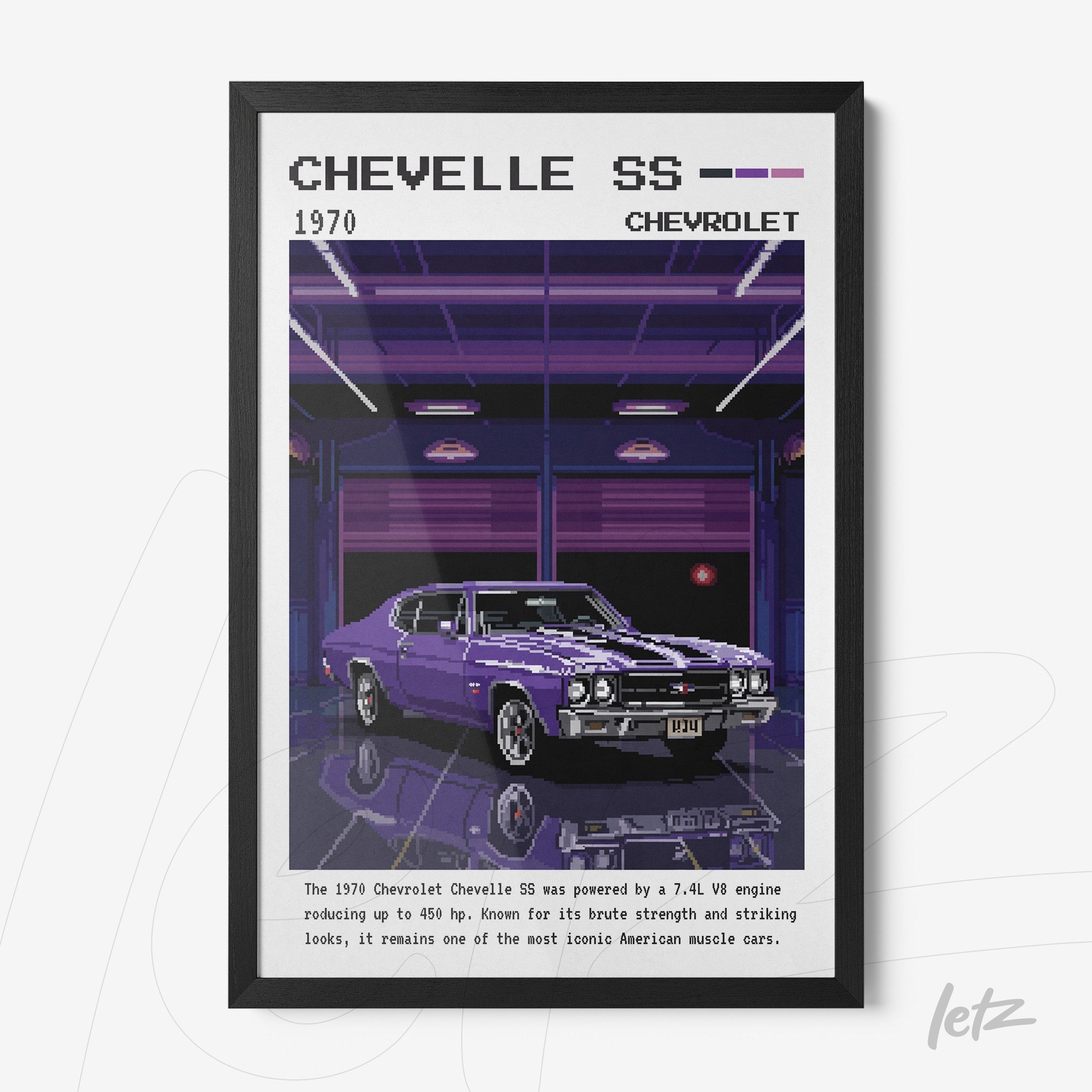 quadro com ilustração digital do carro clássico Chevelle SS de 1970 em moldura preta com fundo retrô