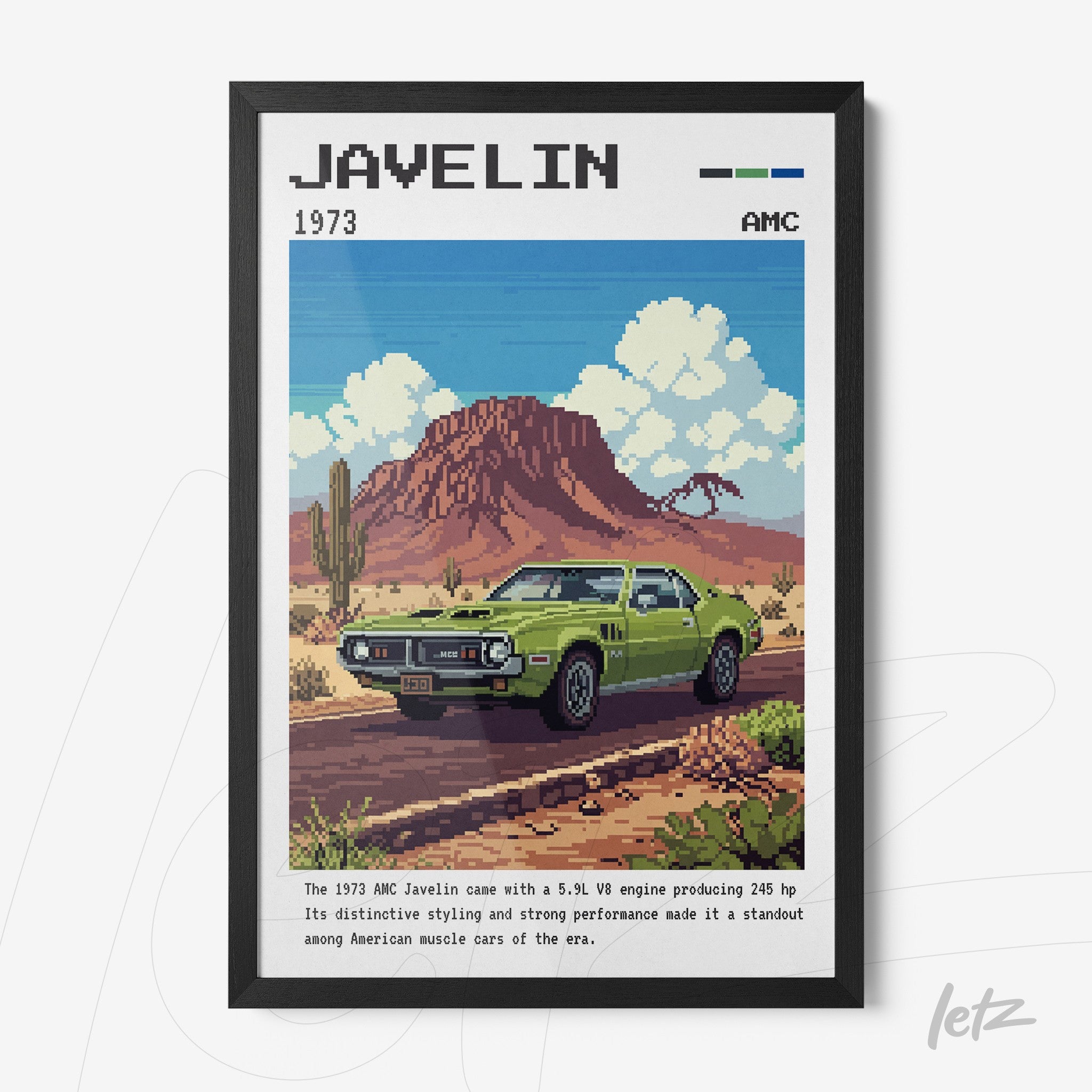 quadro com arte pixelada de um carro AMC Javelin 1973 em frente a uma montanha vermelha