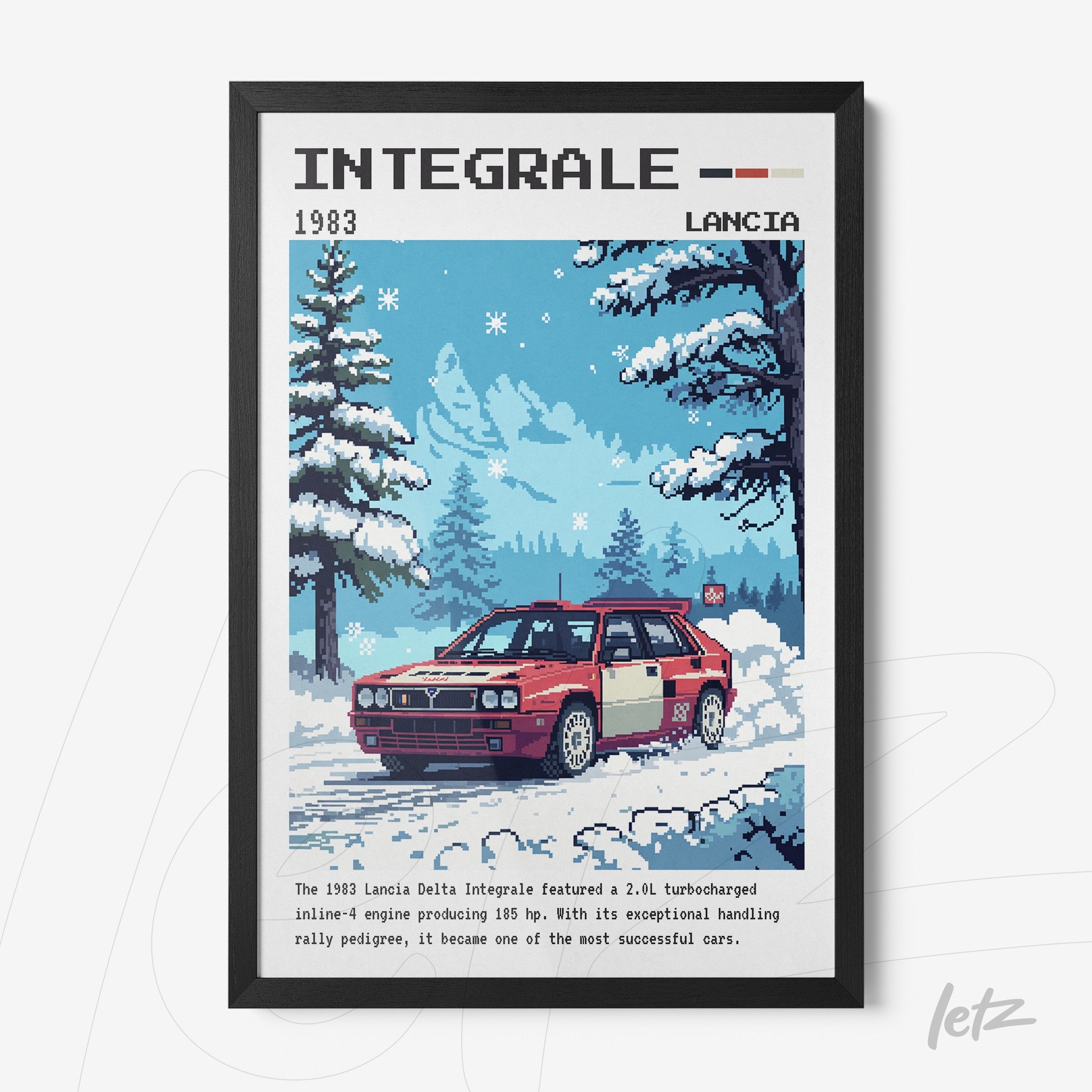 quadro com arte pixelada de um carro Lancia Delta Integrale em uma paisagem de inverno, moldura preta