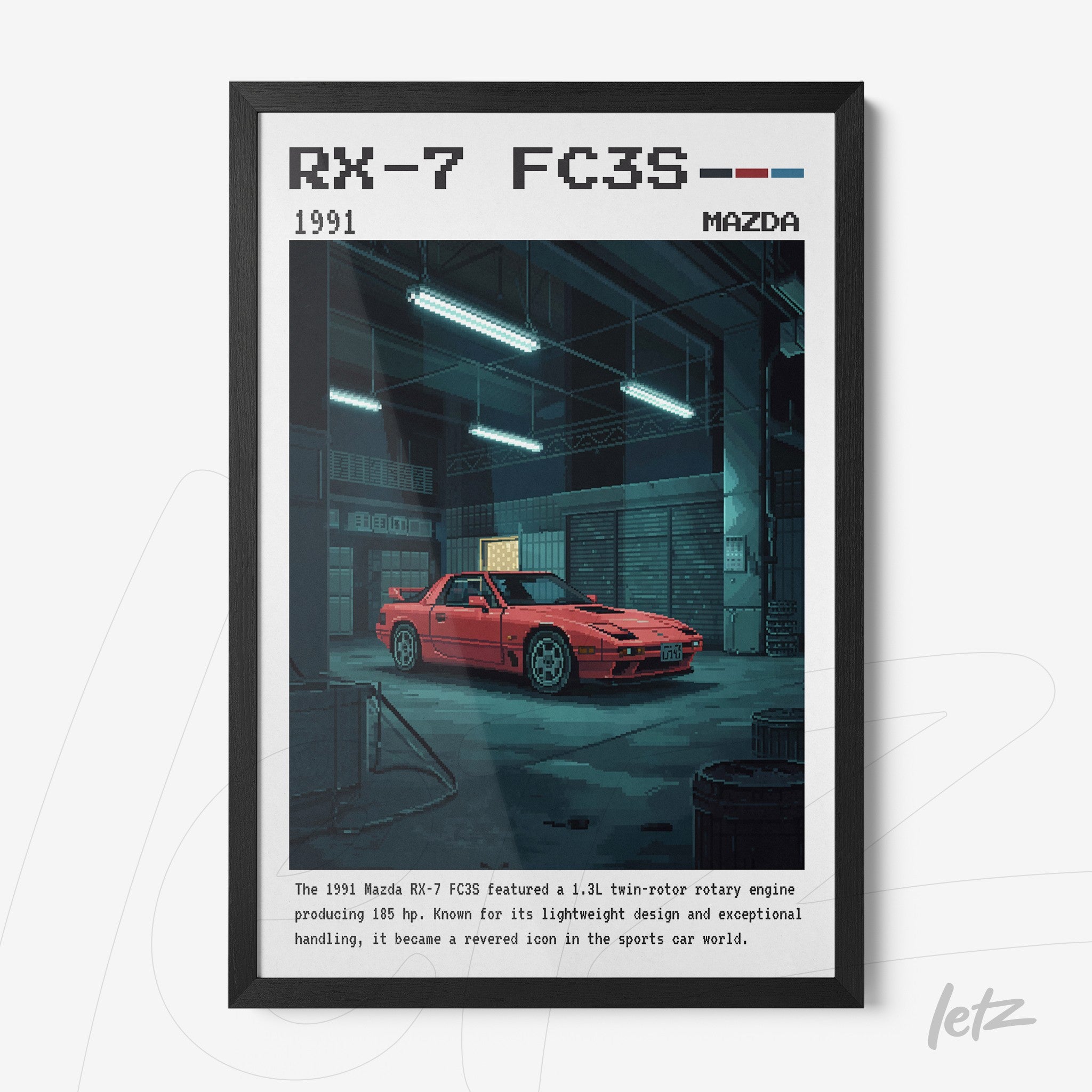 quadro decorativo com arte digital do carro Mazda RX-7 FC3S em fundo escuro, moldura preta