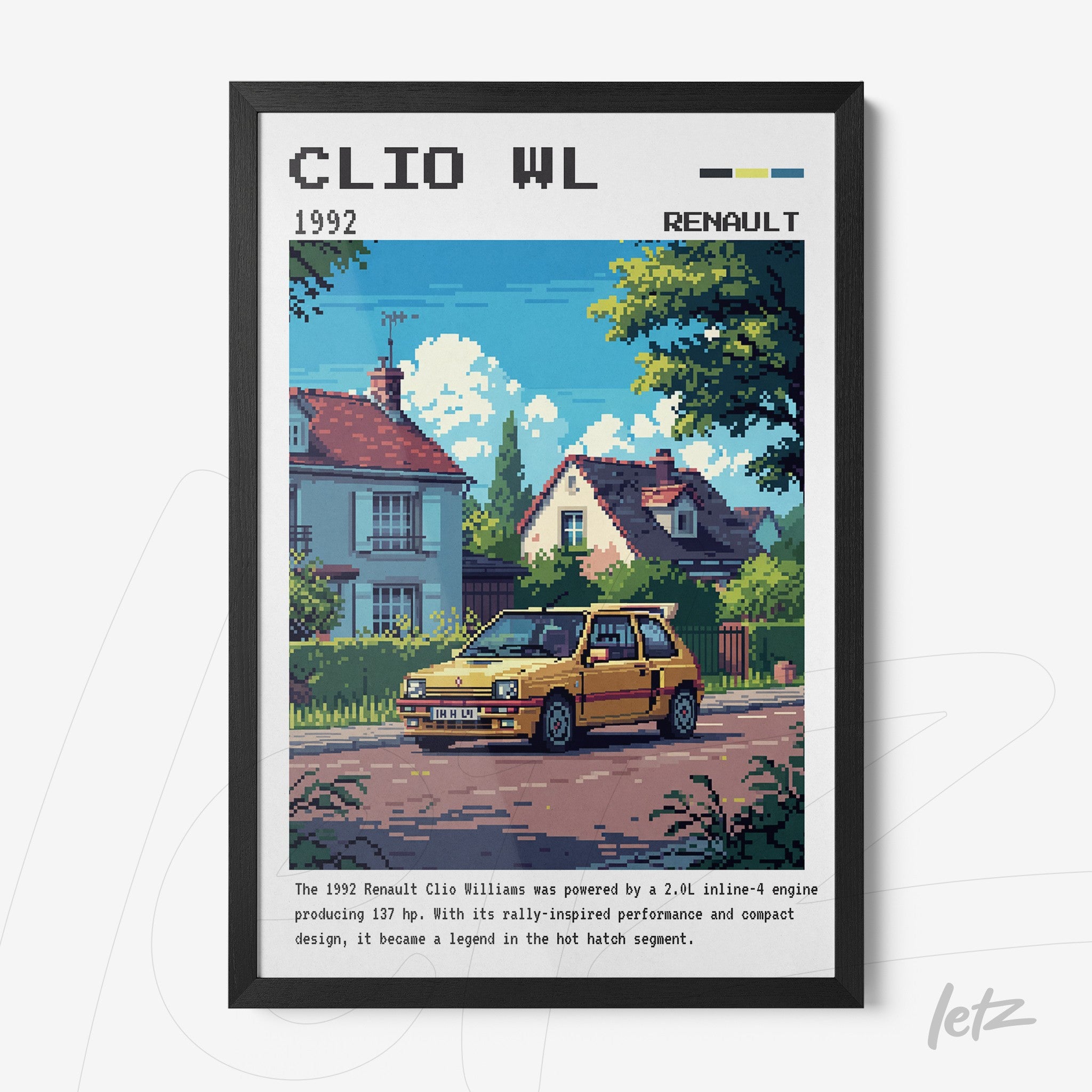 quadro com arte digital retrô do carro Renault Clio Williams amarelo em frente a uma casa em estilo clássico, com moldura preta