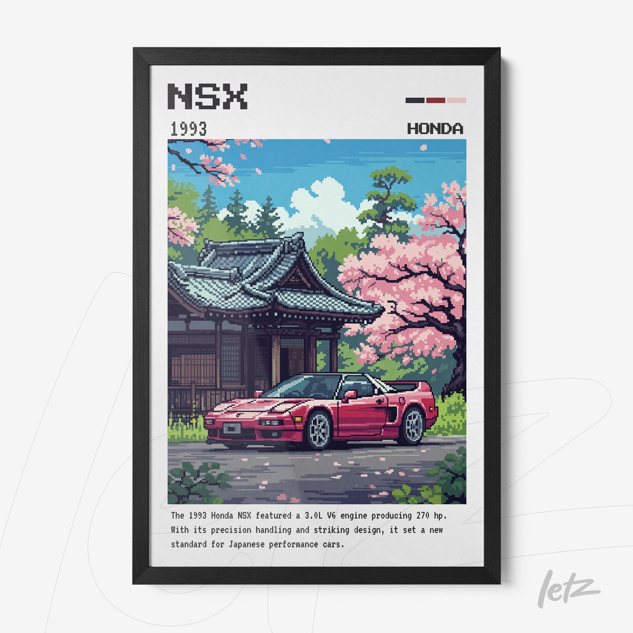 quadro com arte pixelada do carro Honda NSX em frente a um templo japonês com flores de cerejeira
