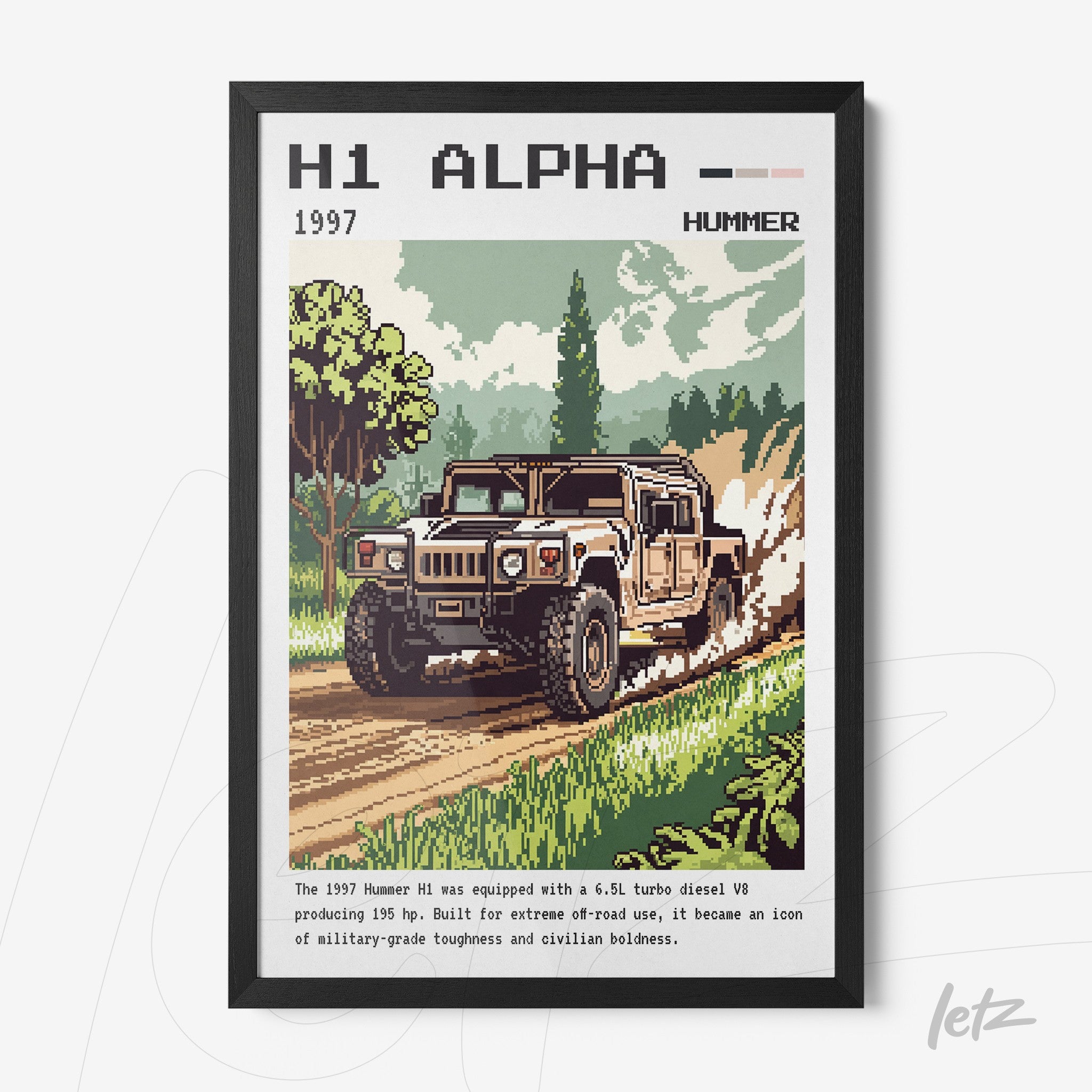 quadro decorativo com arte em pixel art de um Hummer H1 em ambiente rural com moldura preta