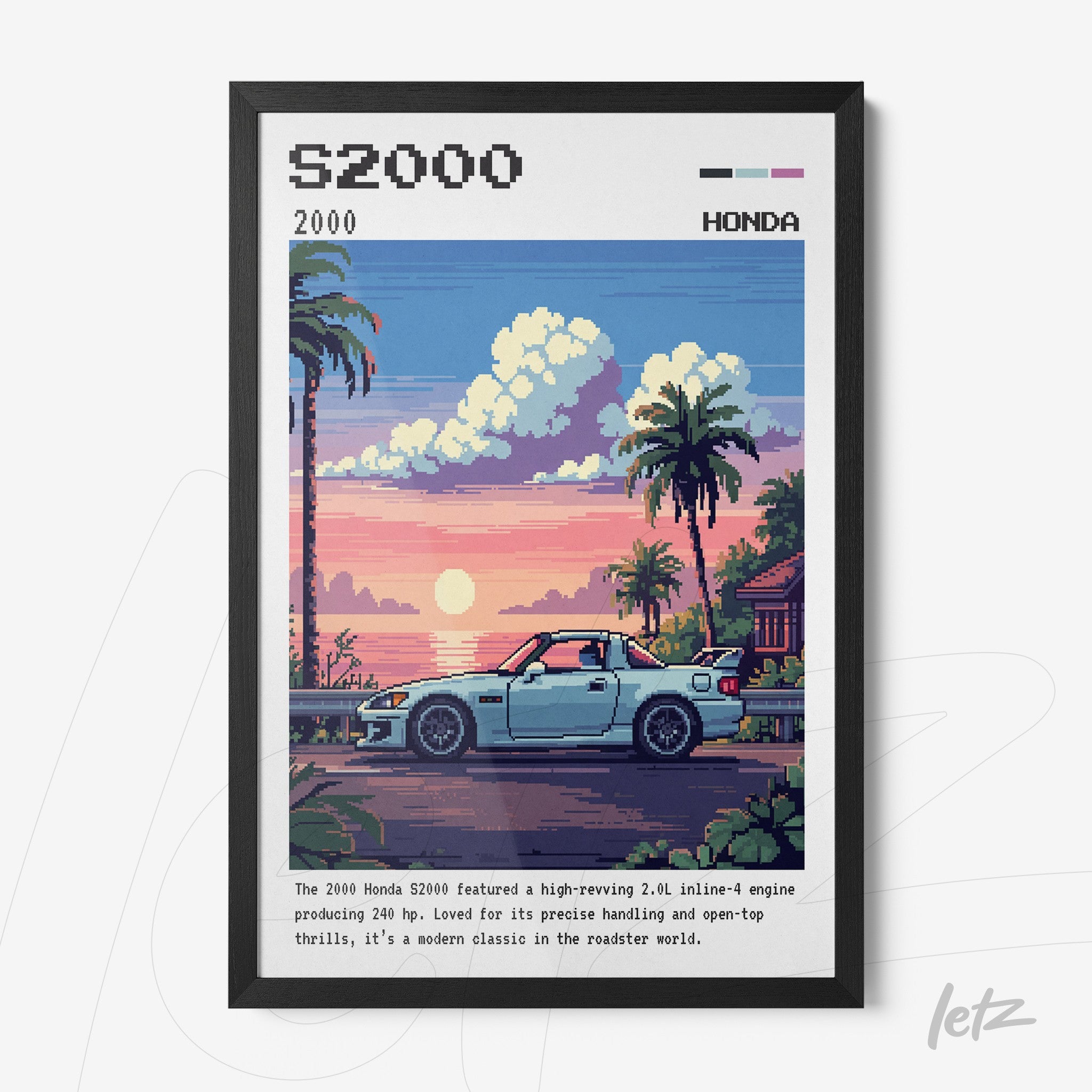 quadro com arte pixelada de um carro Honda S2000 em uma paisagem tropical, moldura preta