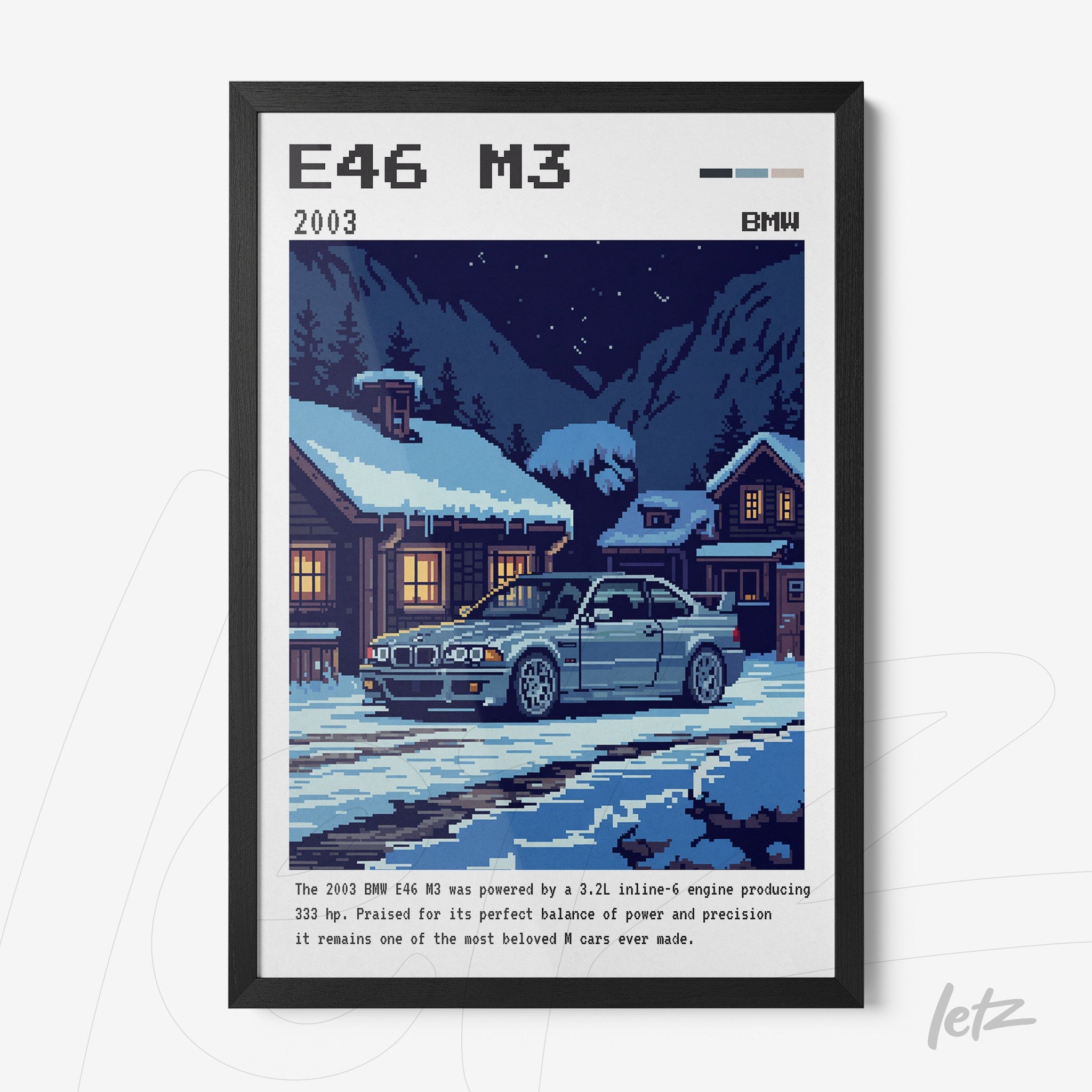 quadro com arte pixelada de um carro BMW E46 M3 em ambiente nevado com casas de madeira ao fundo e moldura preta
