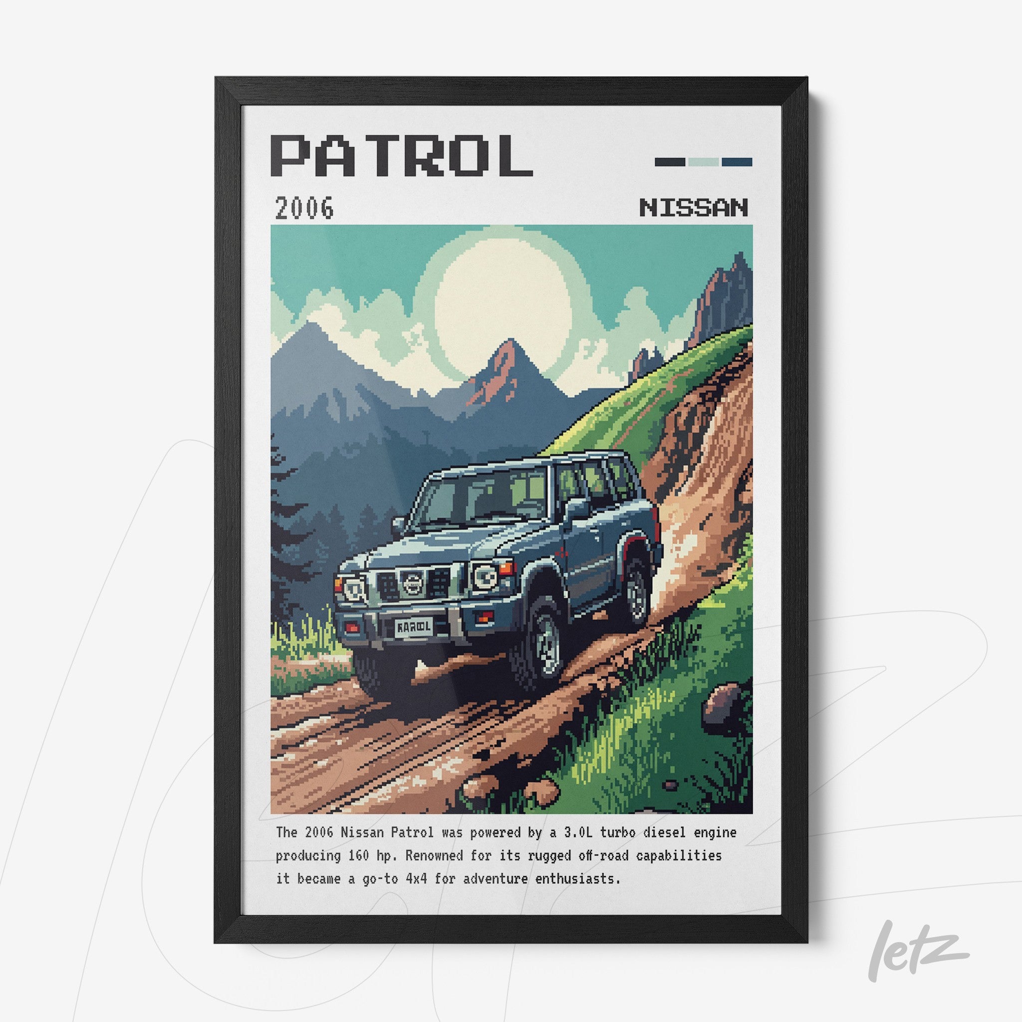 quadro com arte pixelada de um Nissan Patrol 2006 em estrada de terra ao fundo montanhoso, moldura preta