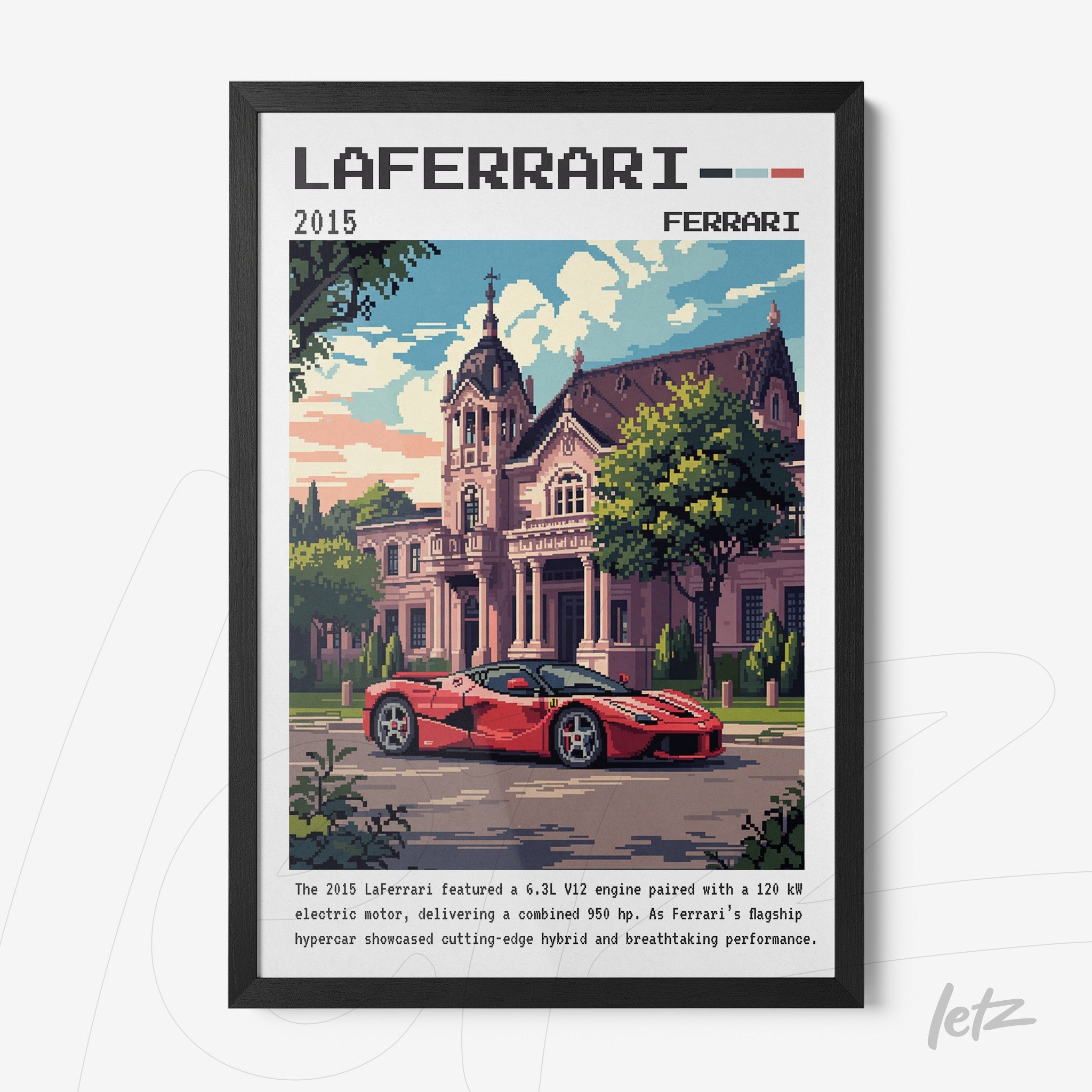 quadro com arte digital do carro LaFerrari em estilo pixel art, moldura preta