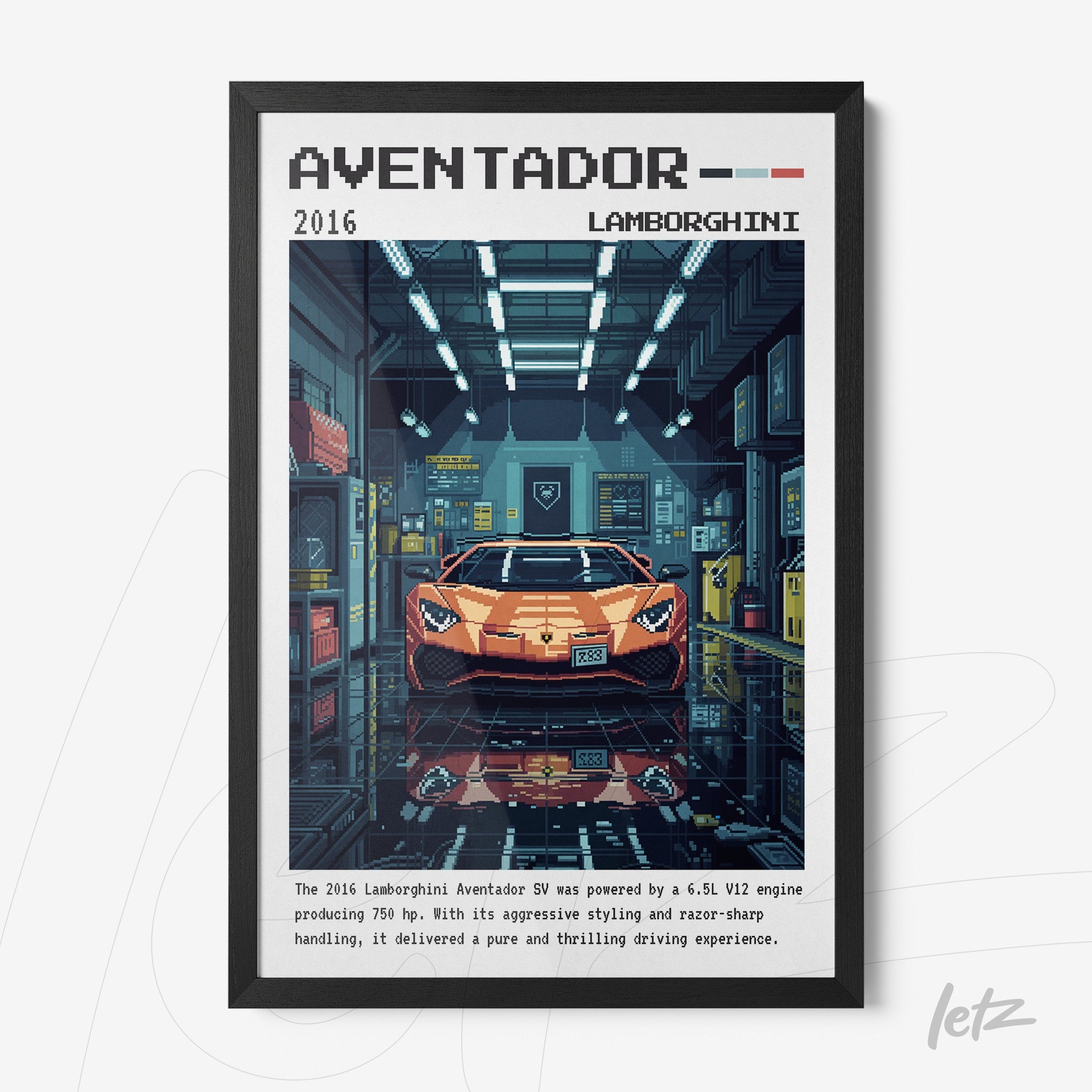 quadro com arte digital do carro Lamborghini Aventador em uma garagem moderna com detalhes em pixel art e moldura preta