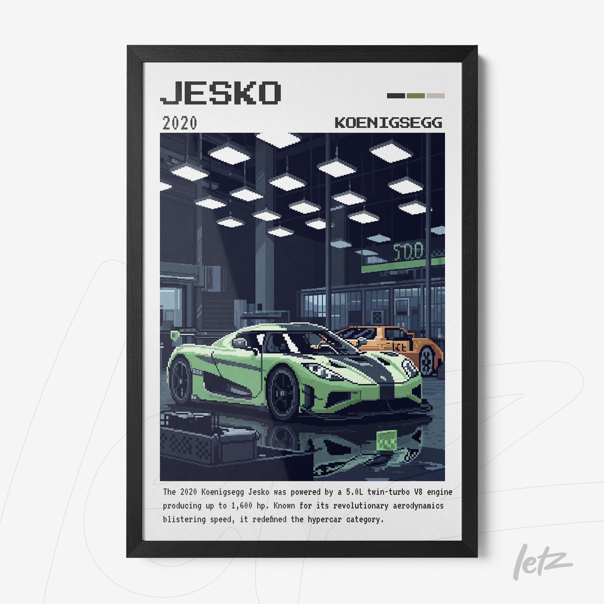 quadro emoldurado apresentando ilustração em pixel art do carro esportivo Koenigsegg Jesko com fundo de oficina e detalhes em verde e preto