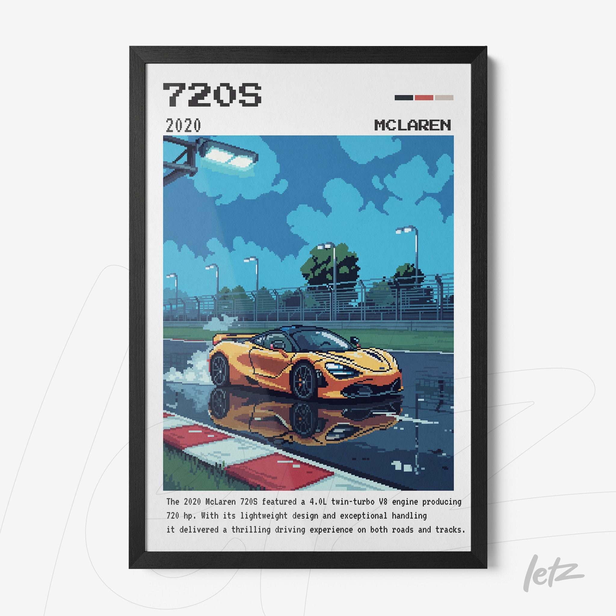 quadro com arte digital do carro McLaren 720S em pista molhada refletindo a imagem no chão