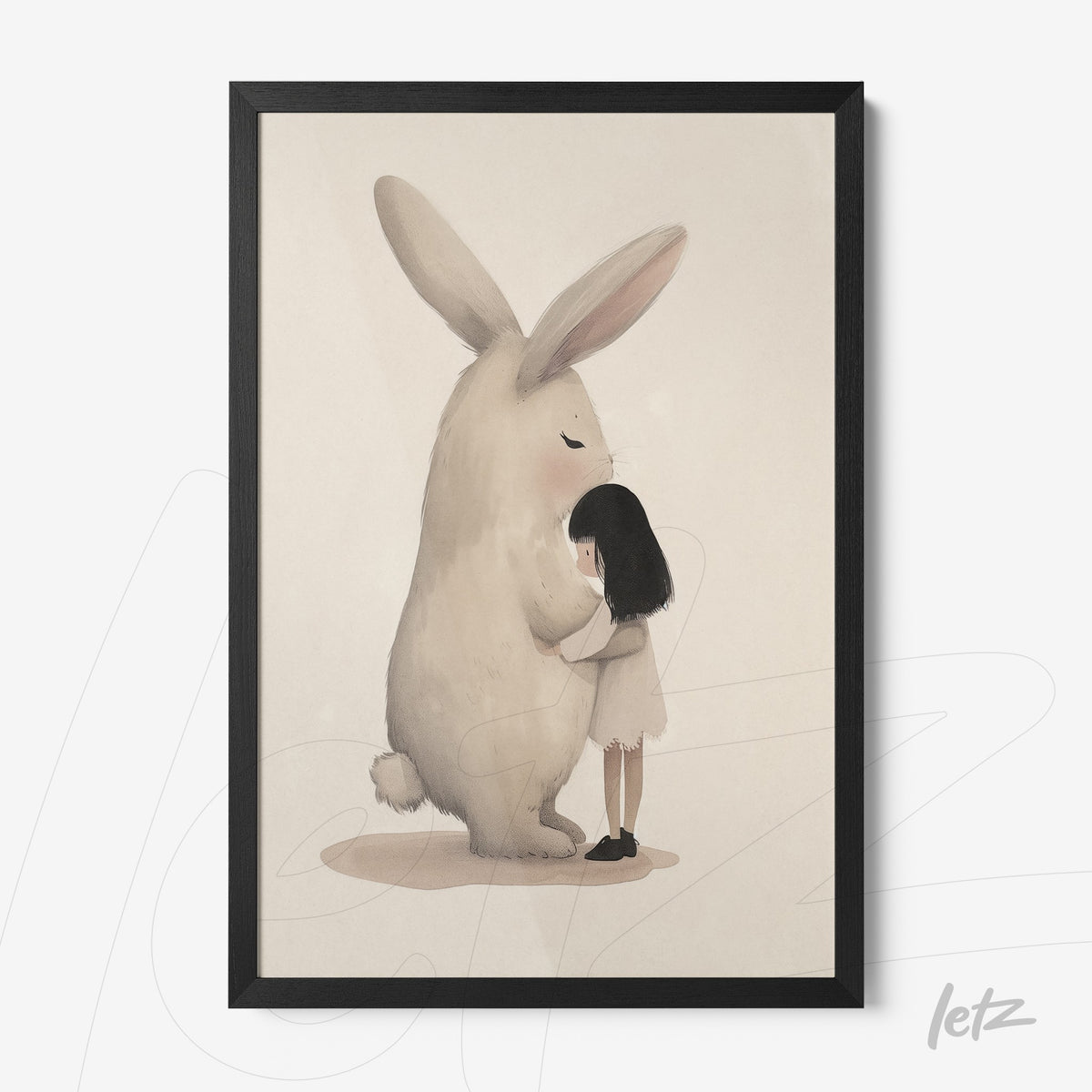quadro com ilustração de uma menina abraçando um coelho grande em um fundo neutro, moldura preta
