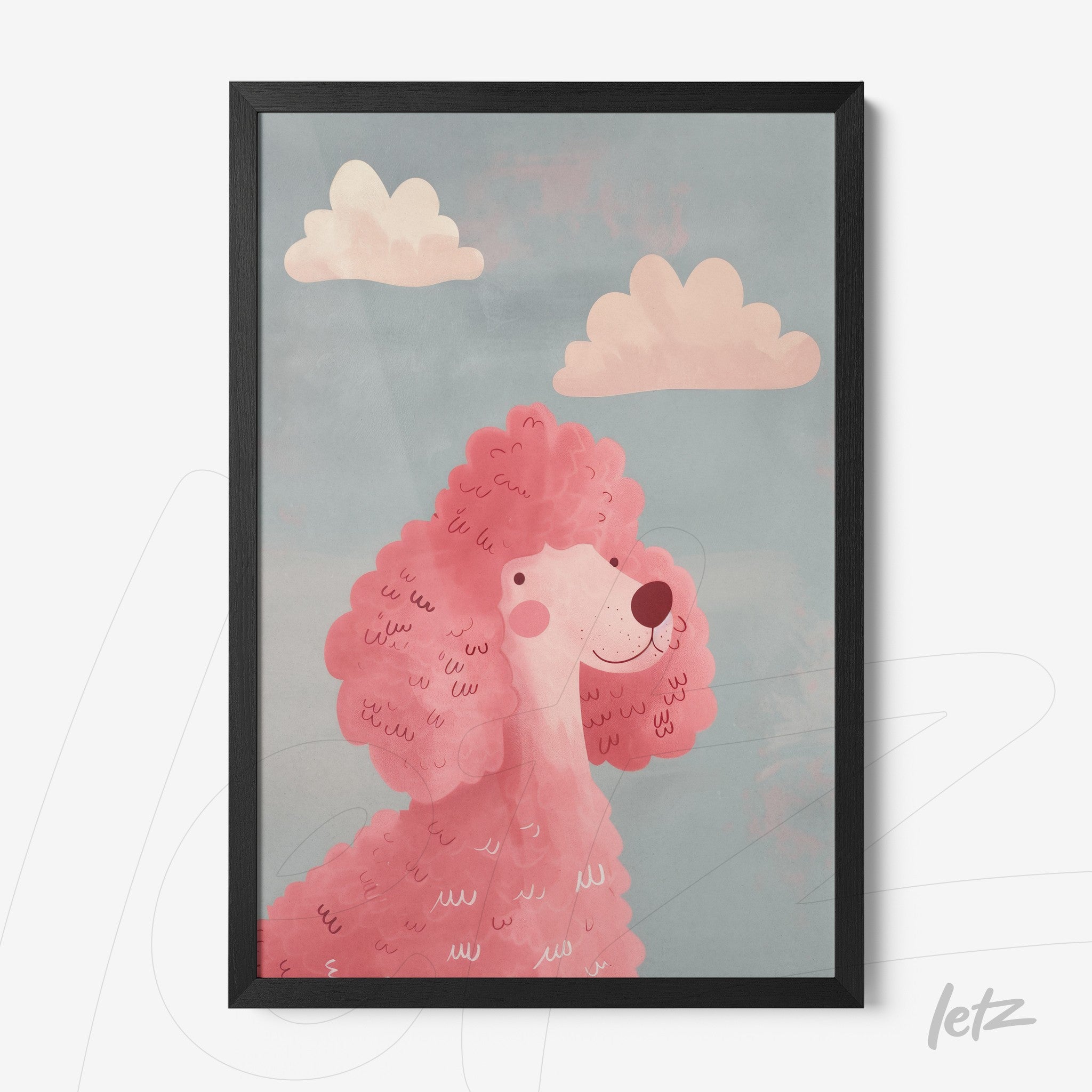 quadro com arte de um poodle rosa em um fundo azul claro com nuvens