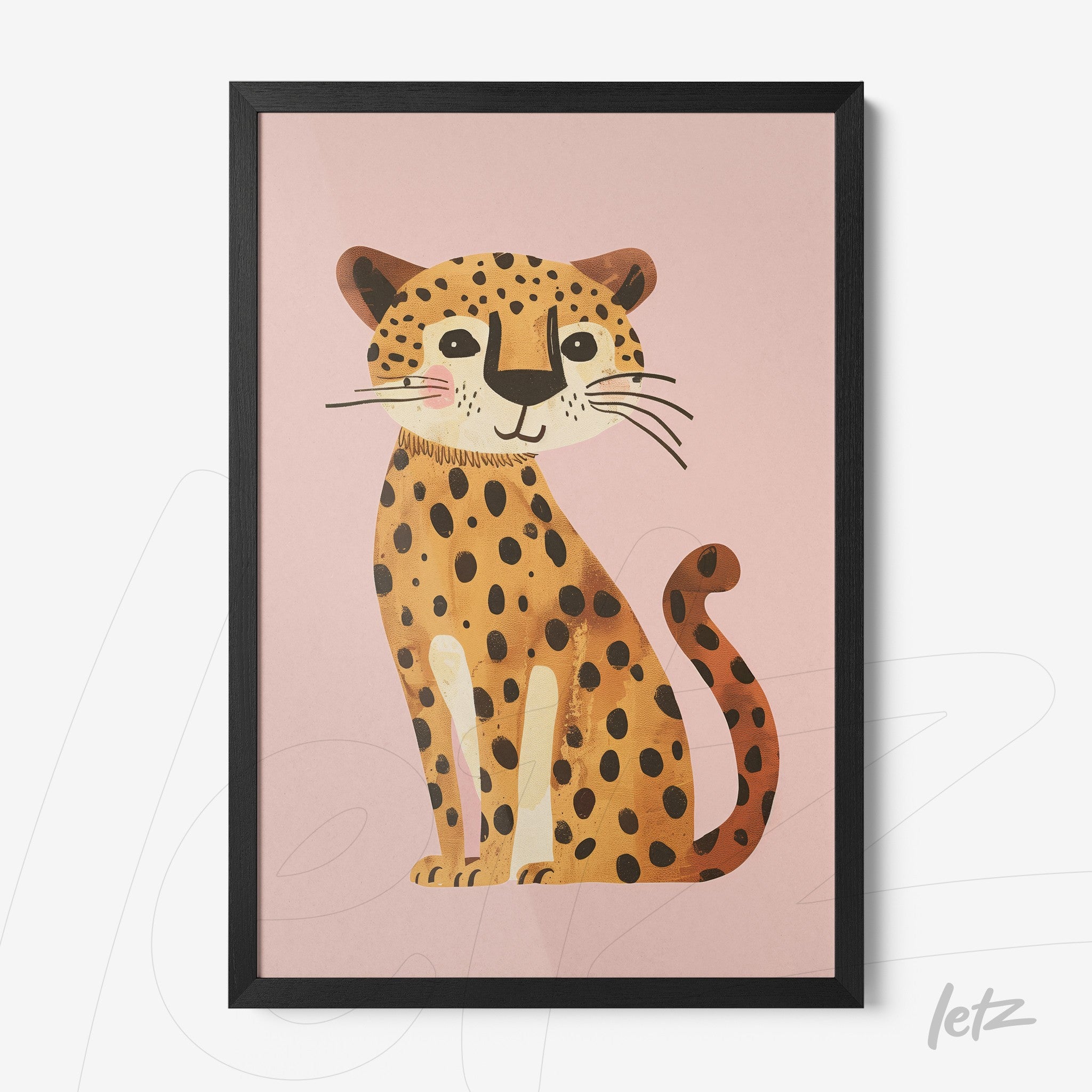 quadro com arte digital de um leopardo estilizado em fundo rosa e moldura preta fina