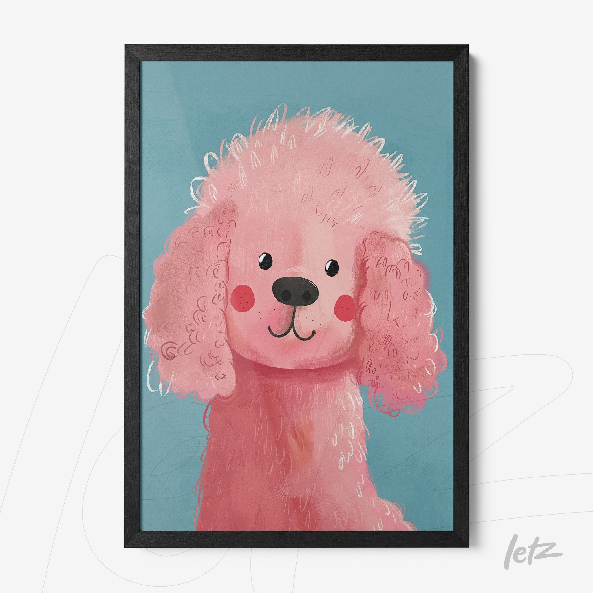 quadro com arte infantil de um poodle rosa em fundo azul, moldura preta