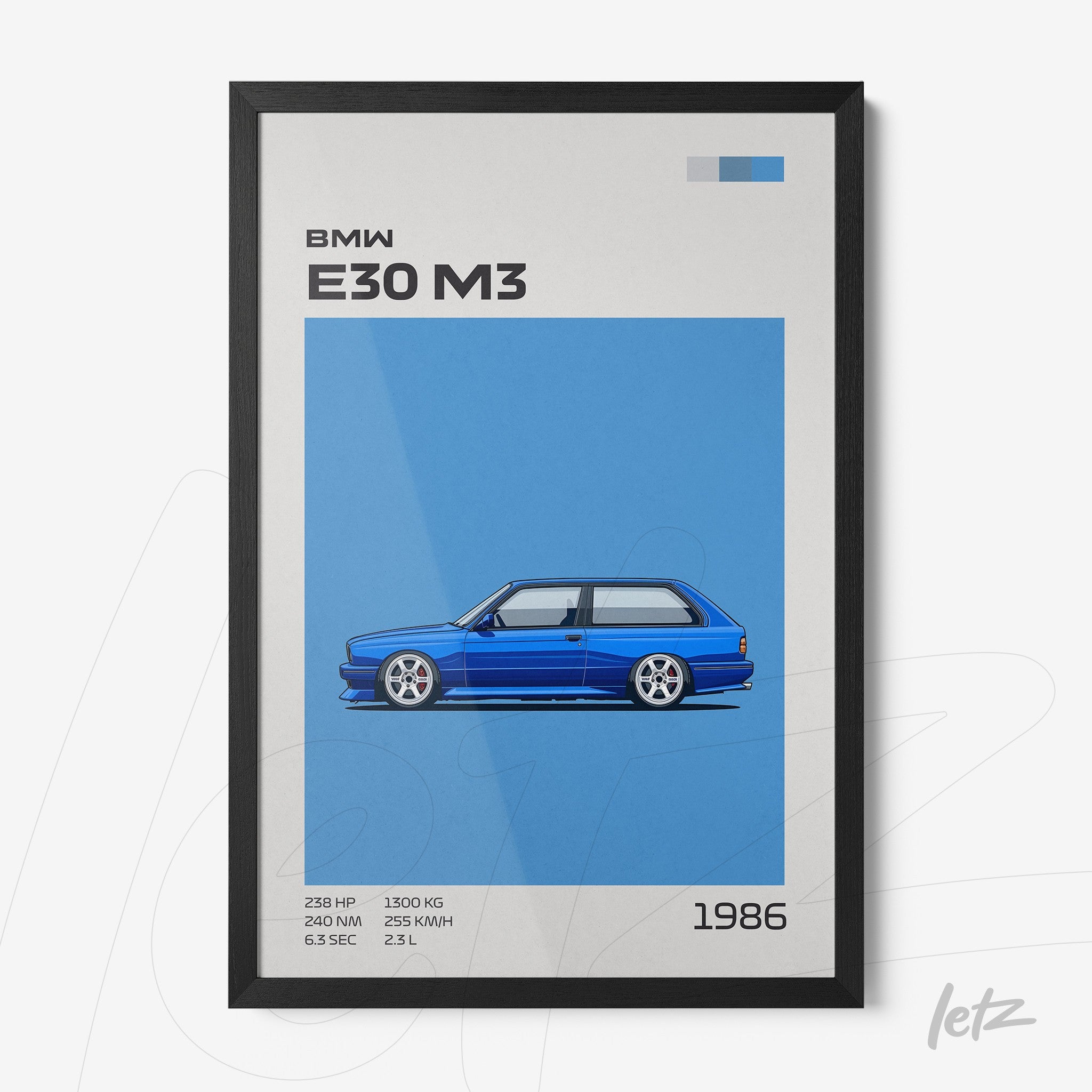 quadro com ilustração em estilo minimalista de um BMW E30 M3 em fundo azul, moldura preta