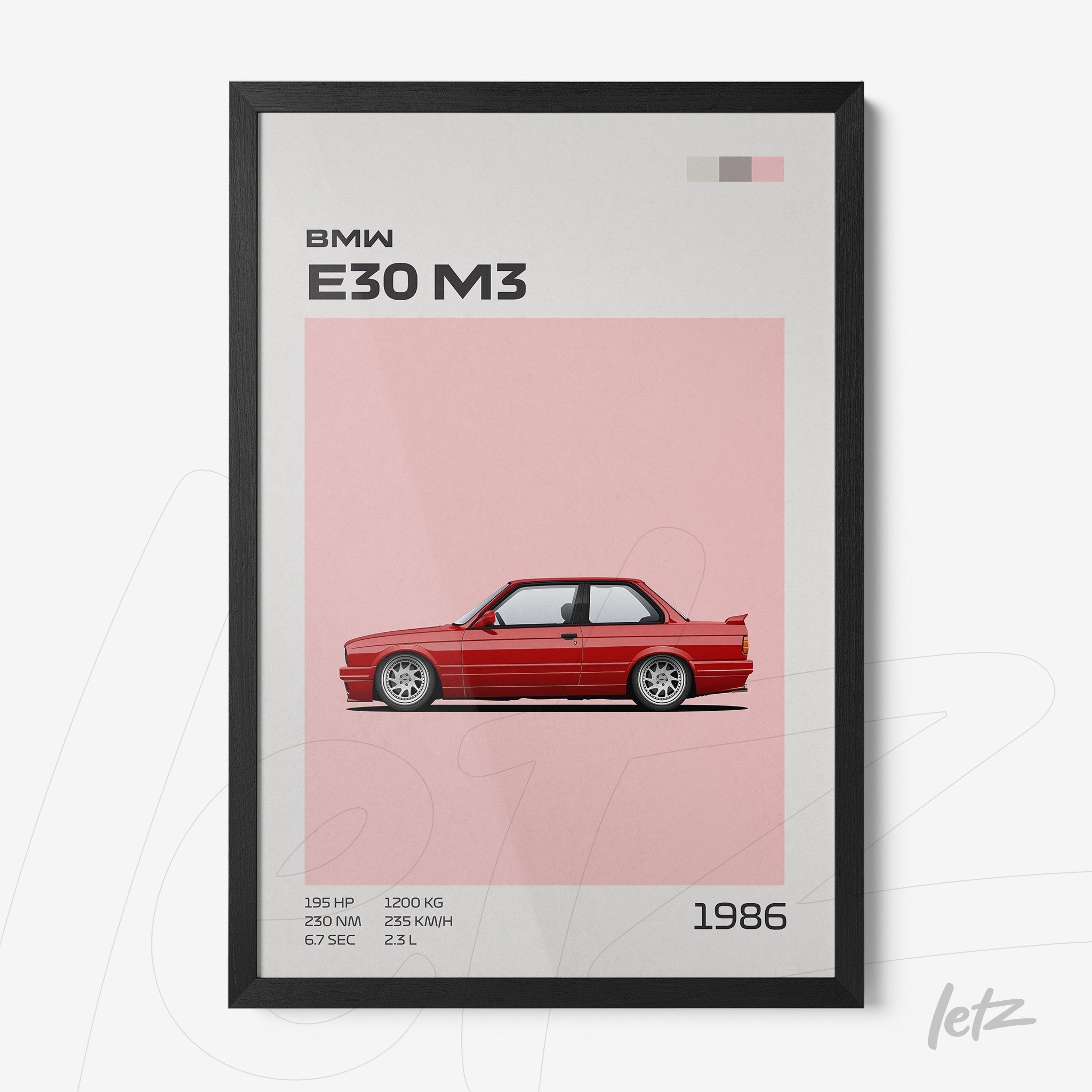 quadro com arte minimalista do carro esportivo BMW E30 M3, moldura preta e fundo rosa