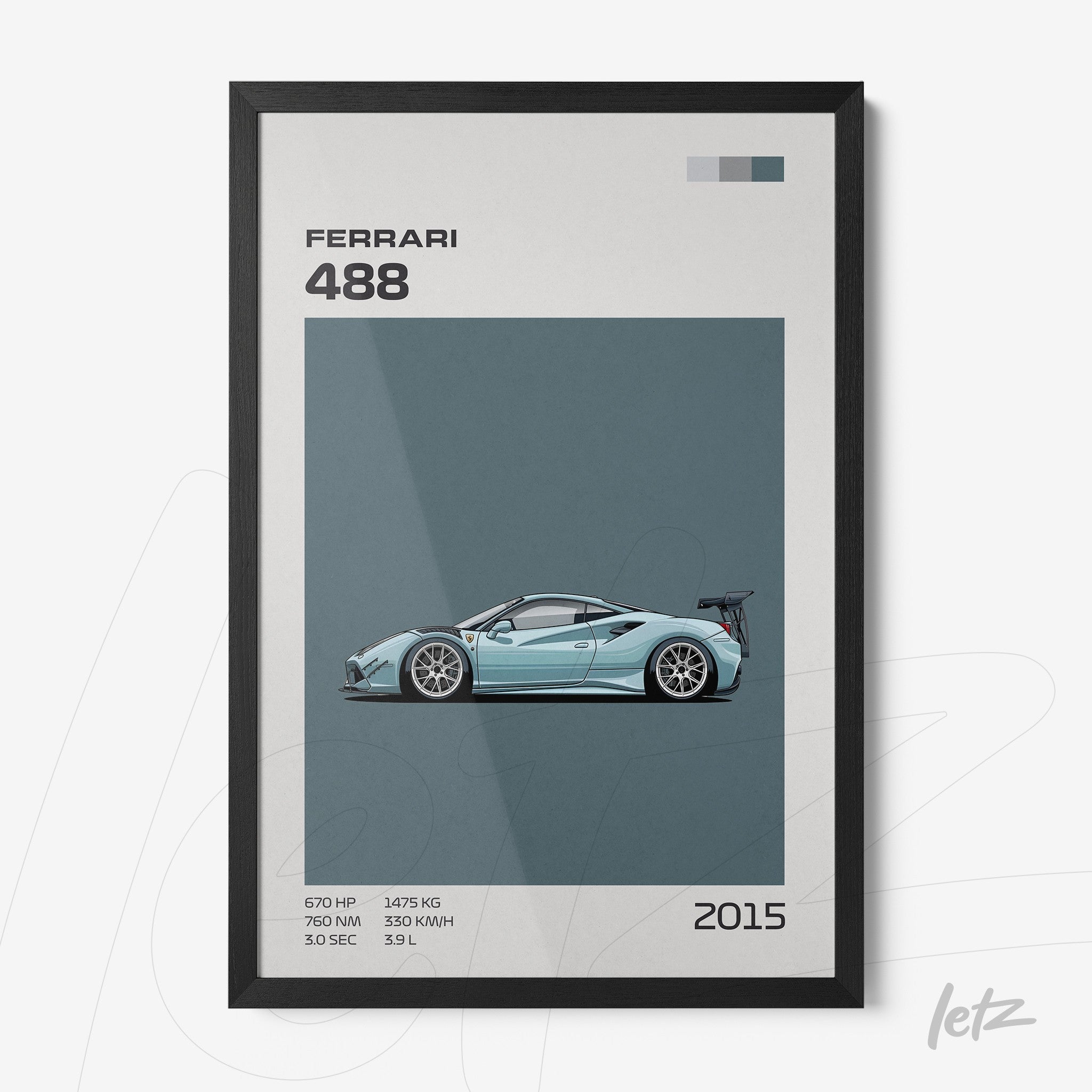 quadro com arte minimalista da Ferrari 488 em moldura preta com fundo azul