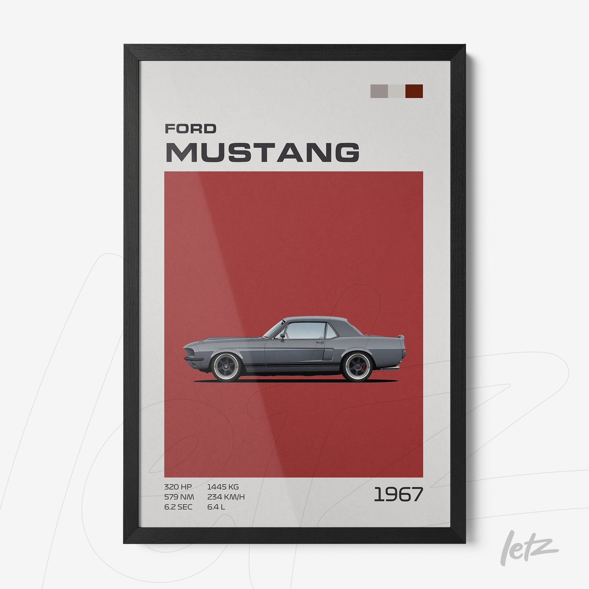 quadro com arte minimalista do Ford Mustang 1967 em moldura preta com fundo vermelho