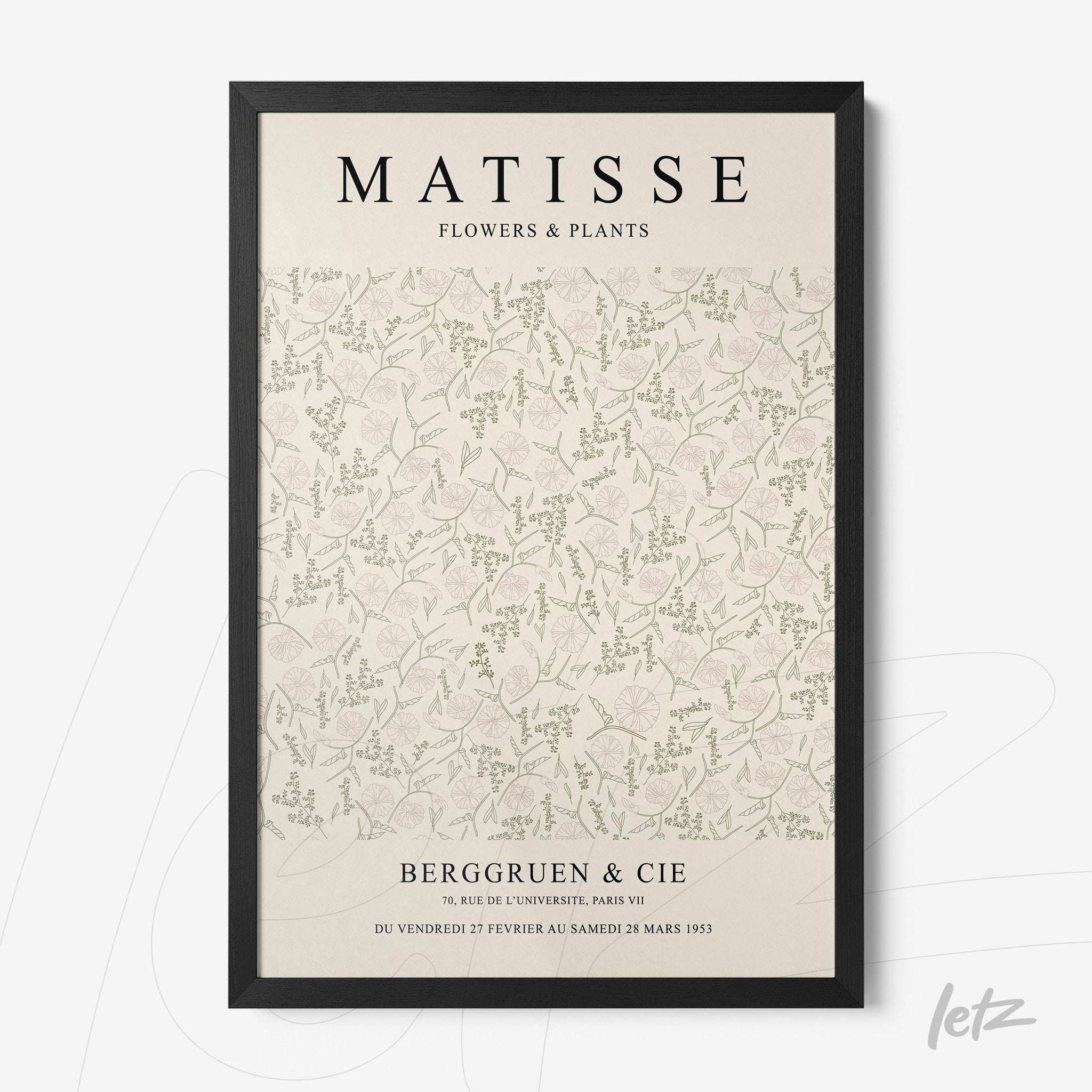 quadro com arte de flores e plantas no estilo vintage com moldura preta fina