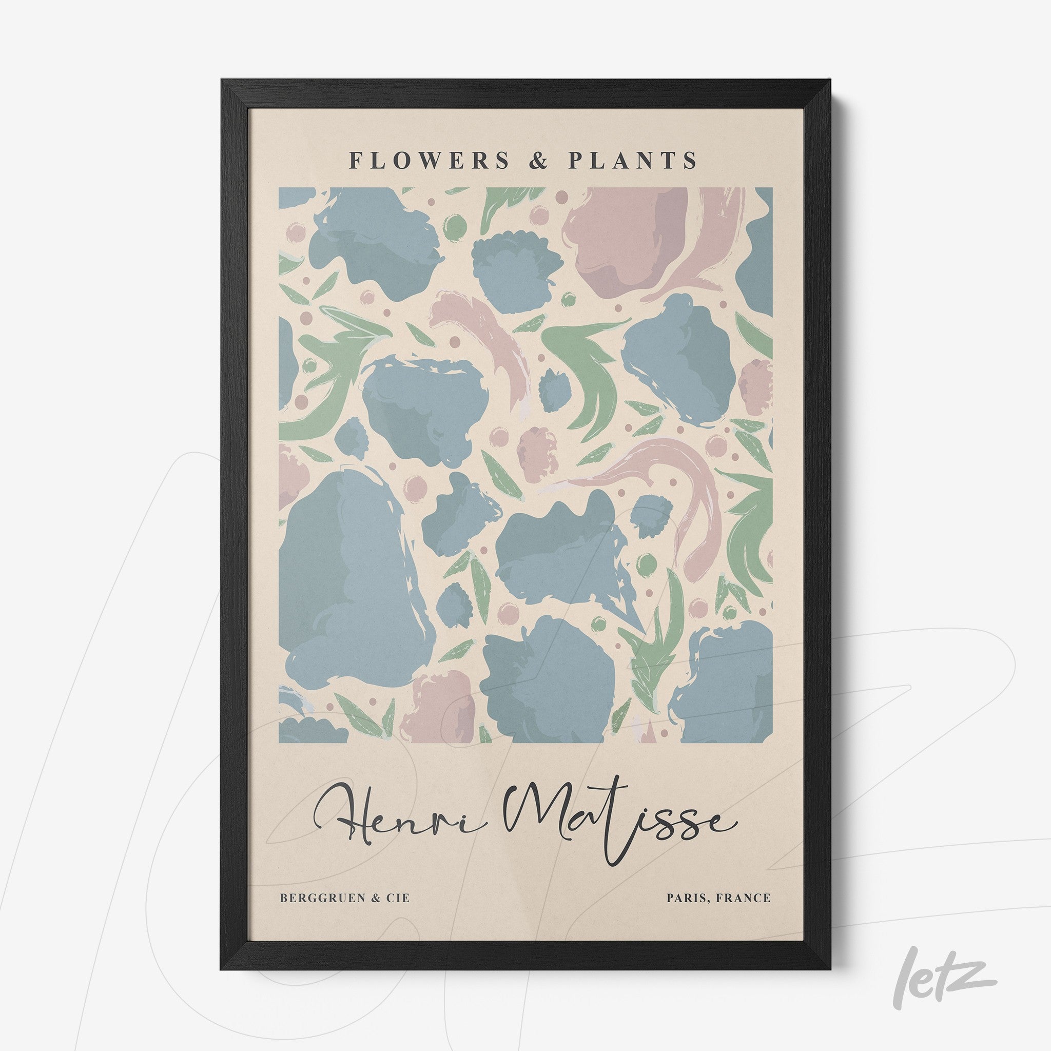 quadro com design floral em tons pastel, moldura preta fina e fundo claro com texto em tipografia elegante