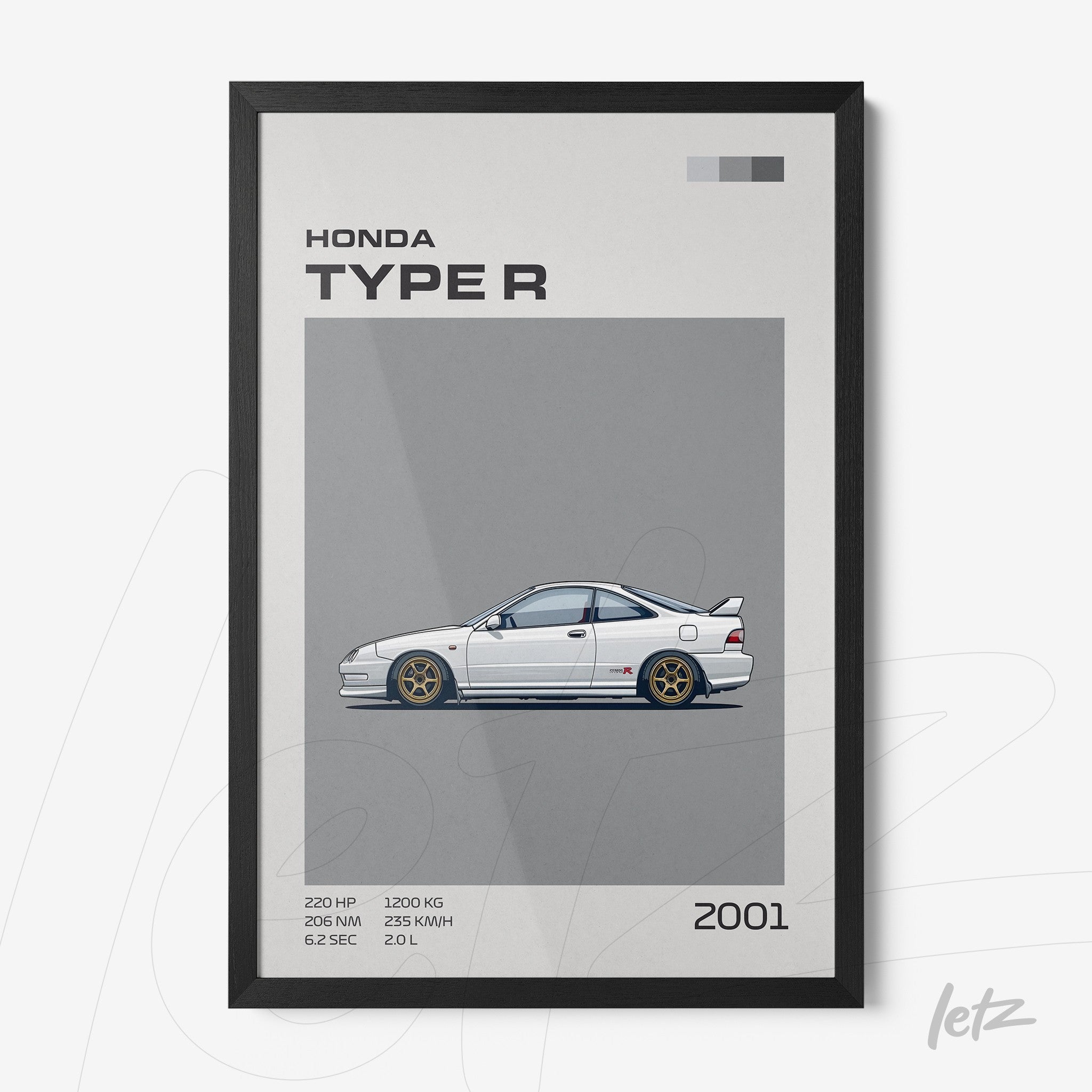 quadro com arte digital de carro Honda Type R 2001 em moldura preta