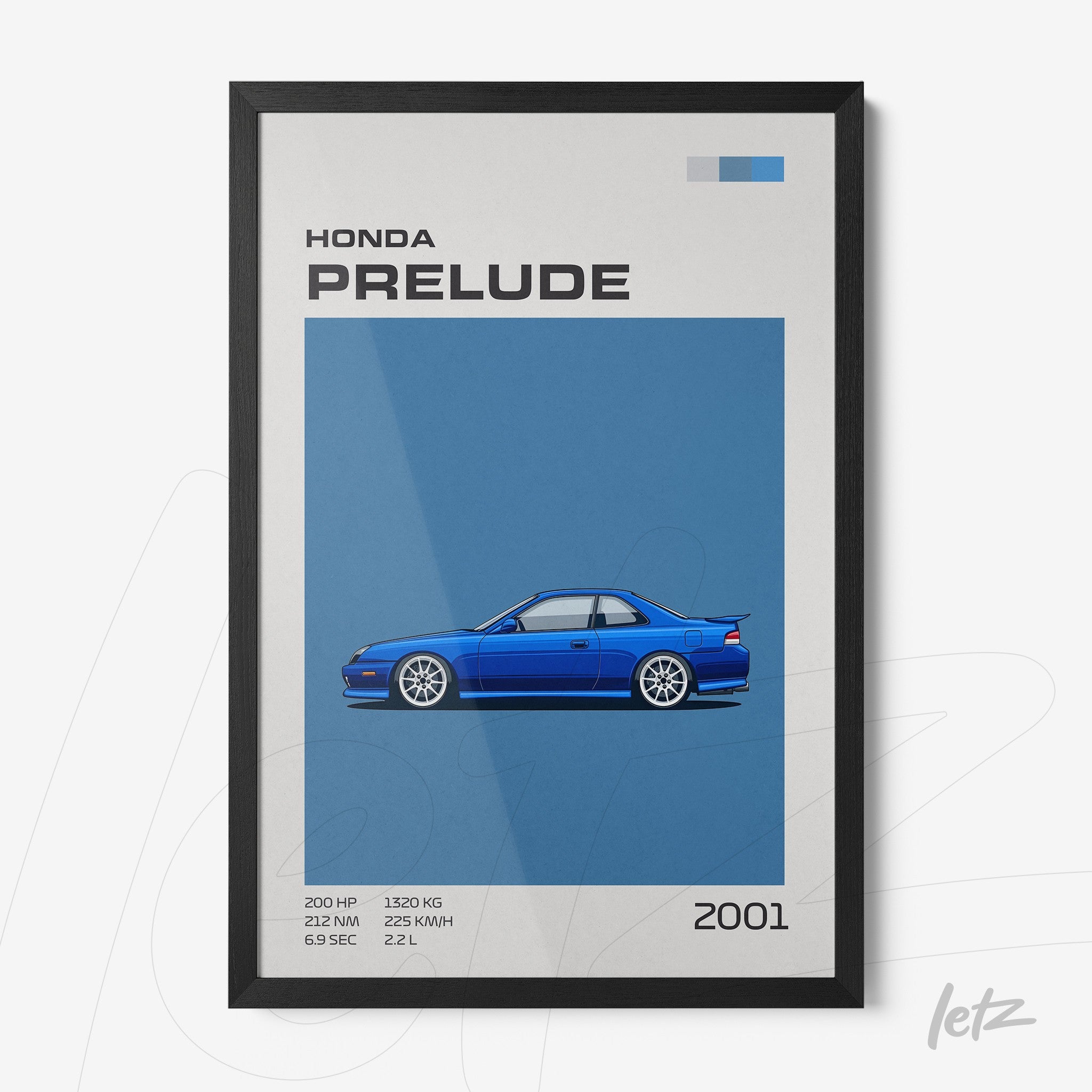 quadro com ilustração estilizada da Honda Prelude 2001 em fundo azul, moldura preta