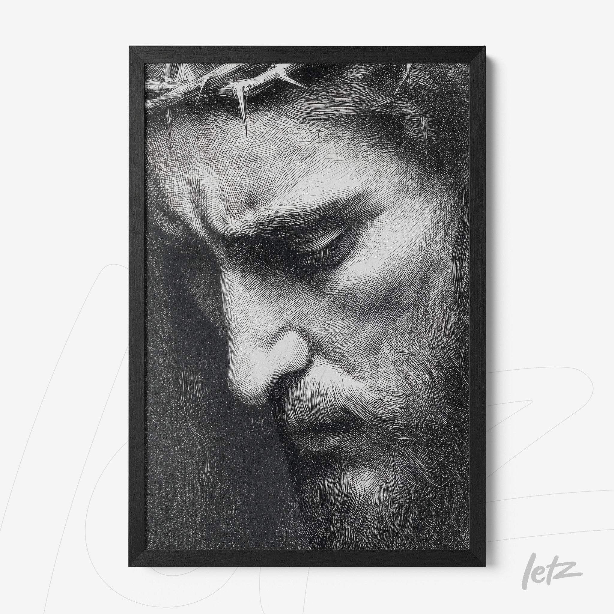 quadro com retrato em preto e branco de Jesus com coroa de espinhos em moldura preta