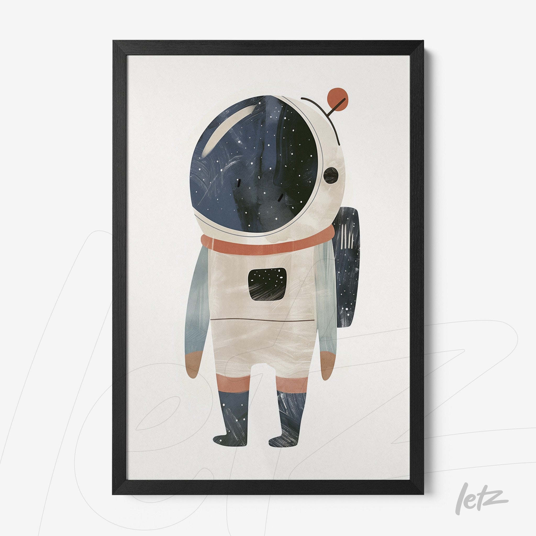 quadro com ilustração de astronauta estilizado em moldura preta fina