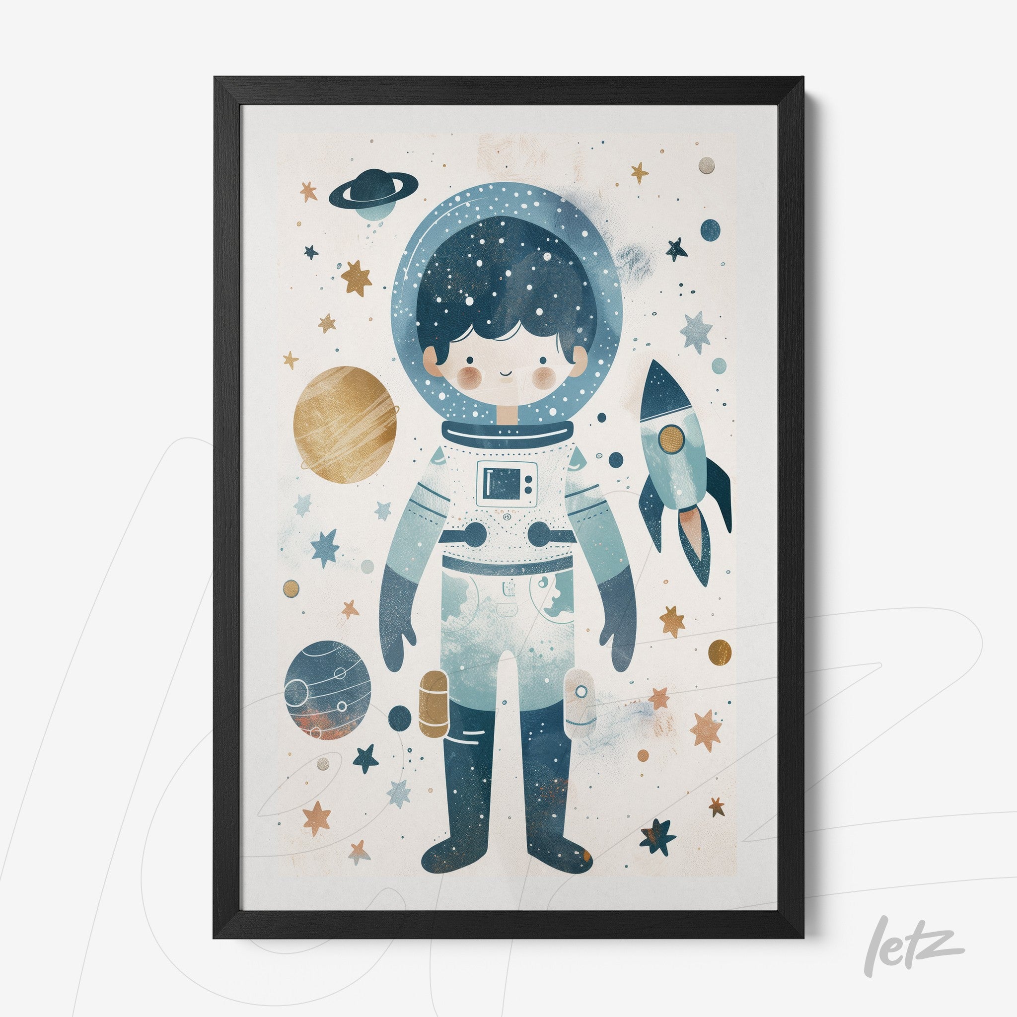 quadro com arte infantil de astronauta em fundo espacial com planeta, estrelas e foguete, moldura preta