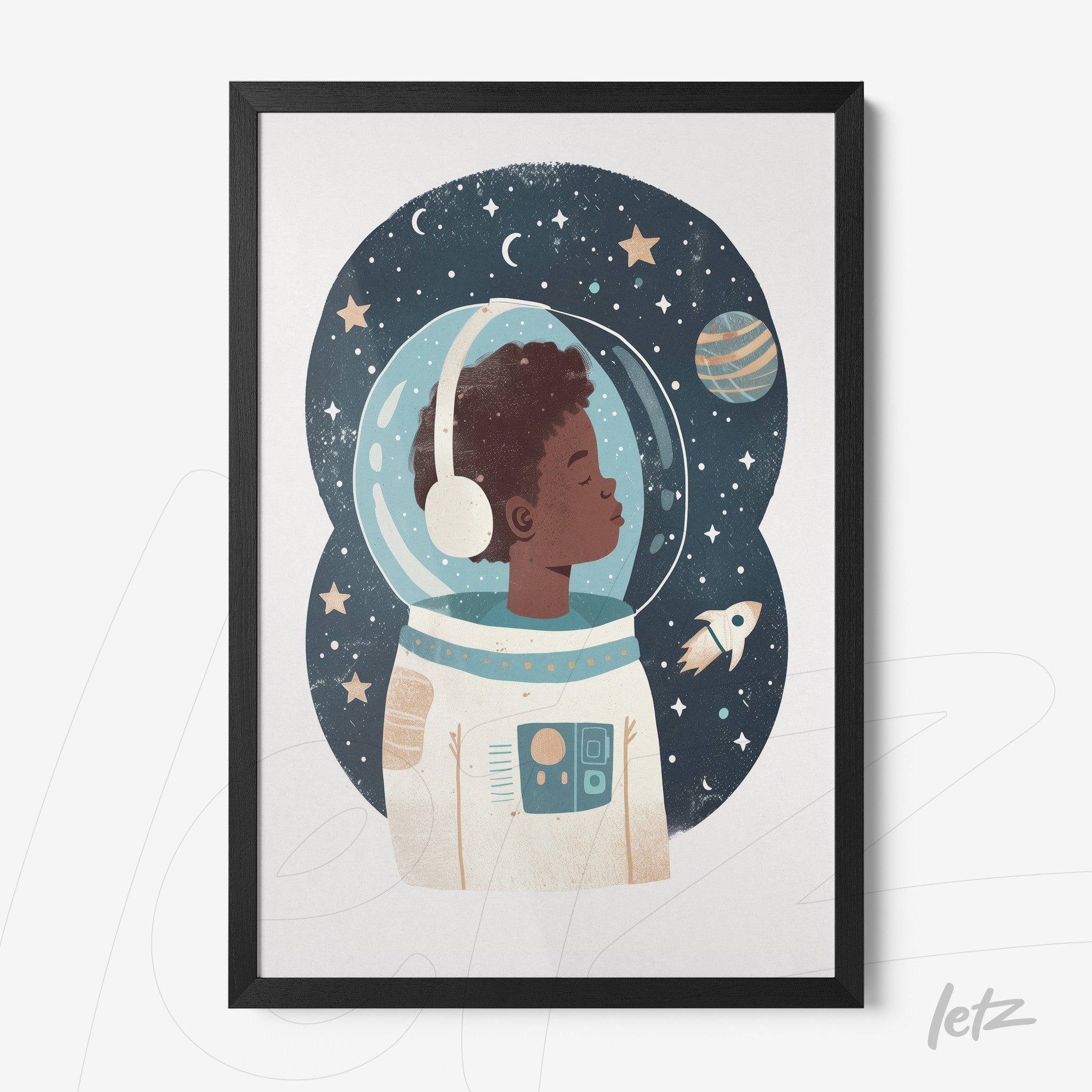 quadro com arte de criança astronauta em fundo estrelado e moldura preta