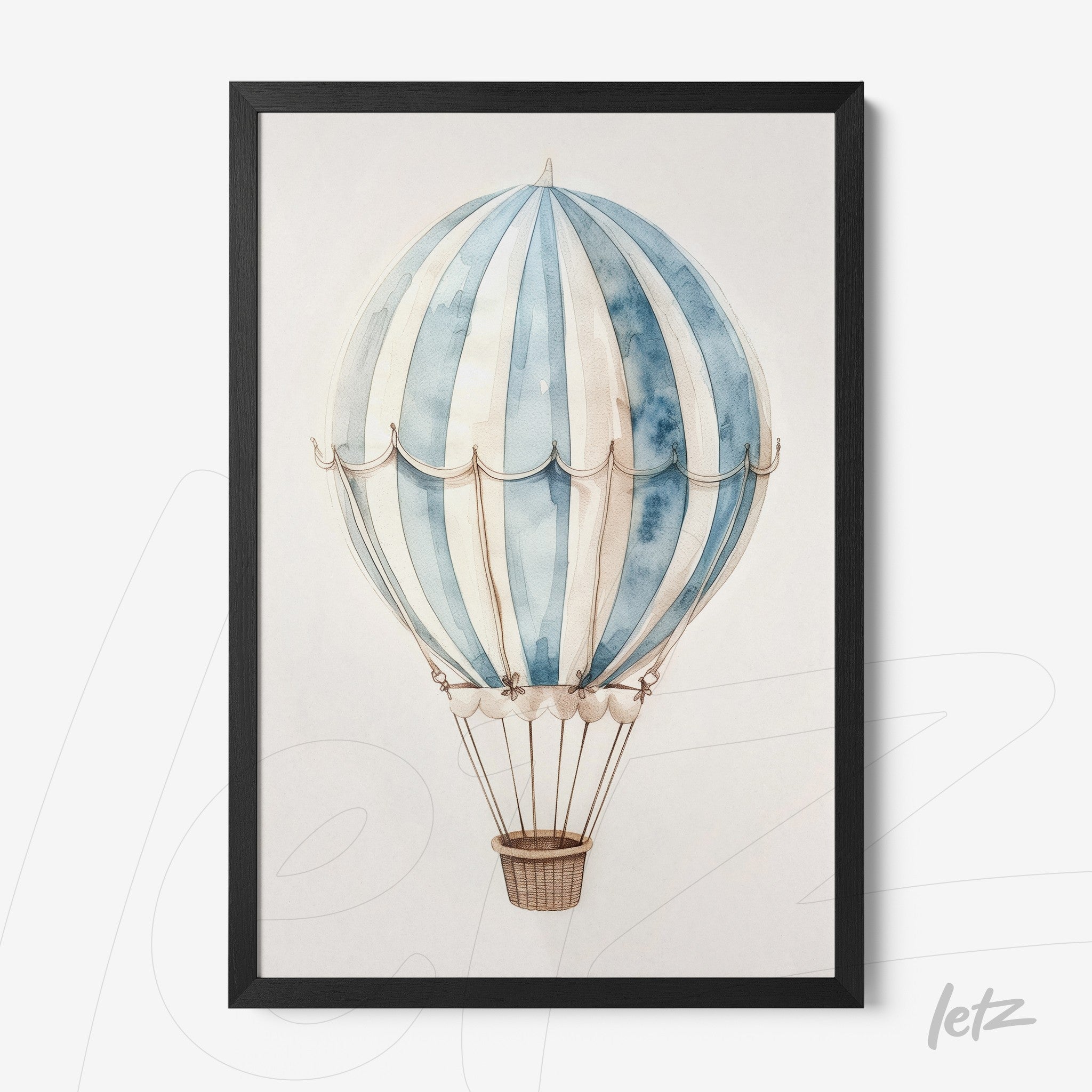 quadro com arte de balão de ar quente em tons de azul, moldura preta