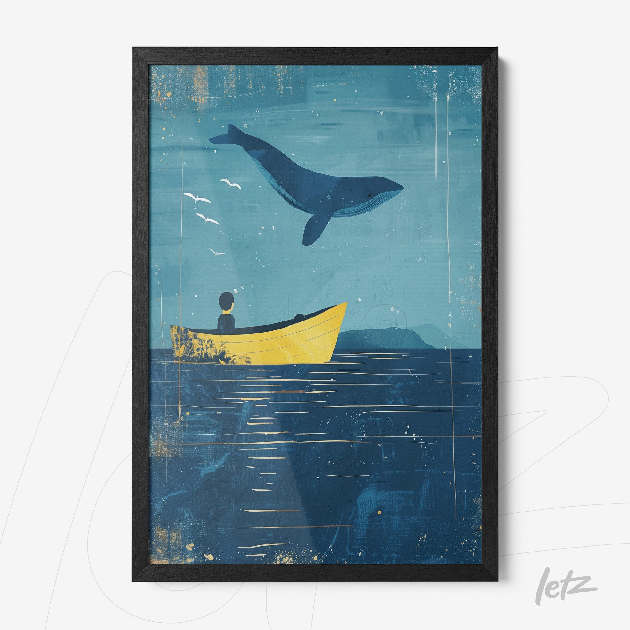 quadro com ilustração de uma baleia saltando sobre um barco amarelo em um fundo azul