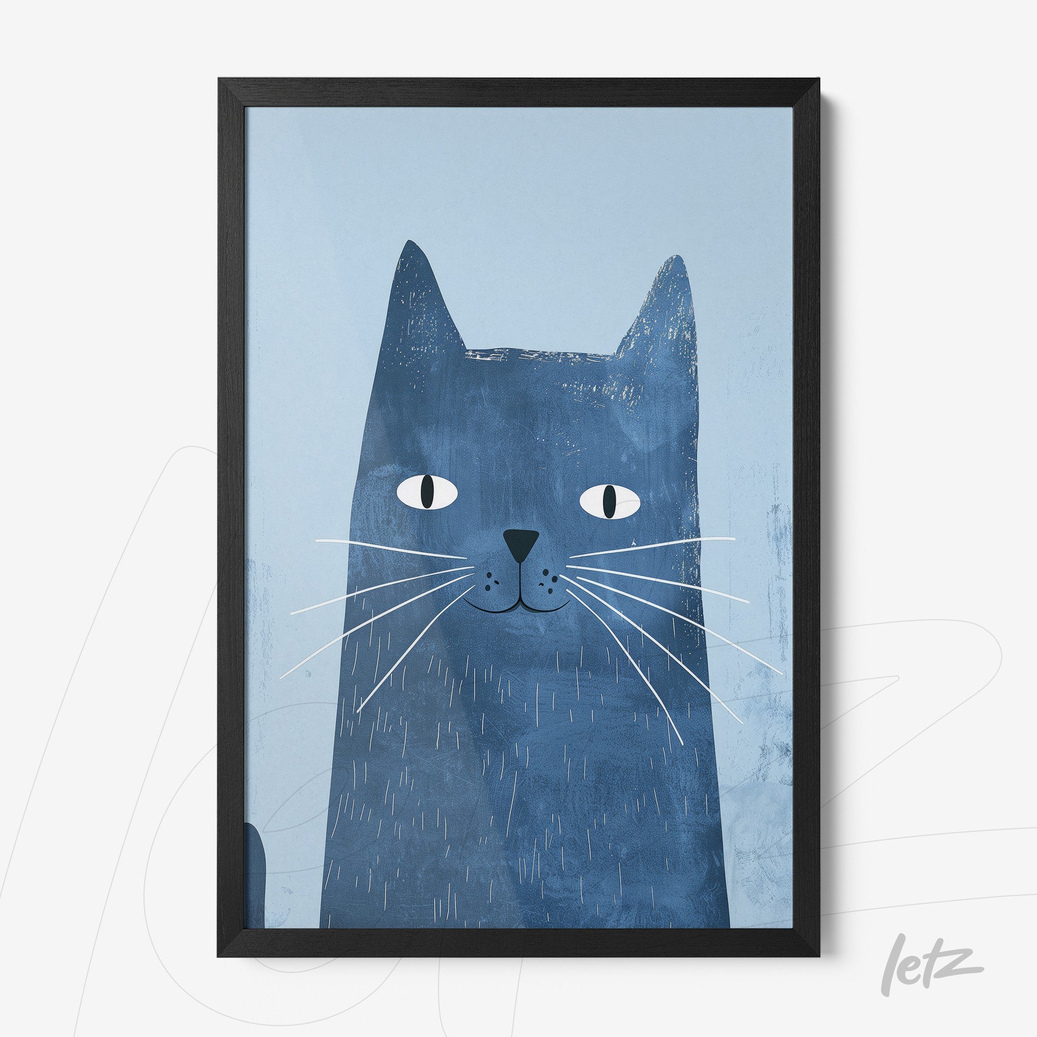 quadro com ilustração de gato azul sobre fundo claro em moldura preta