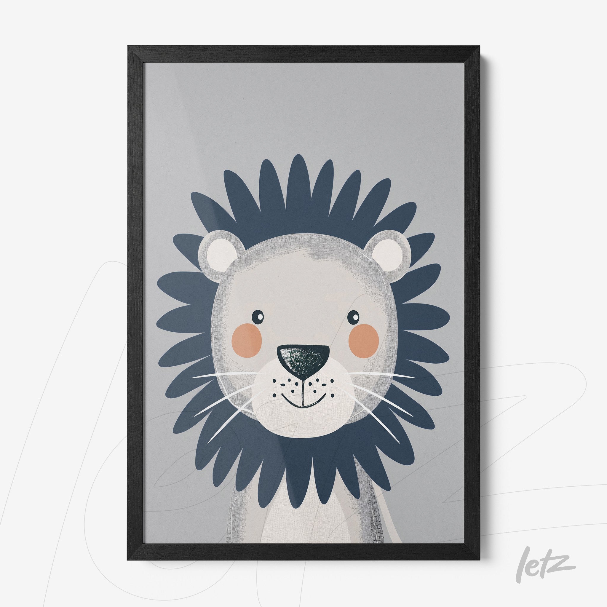 quadro com ilustração infantil de leão em moldura preta