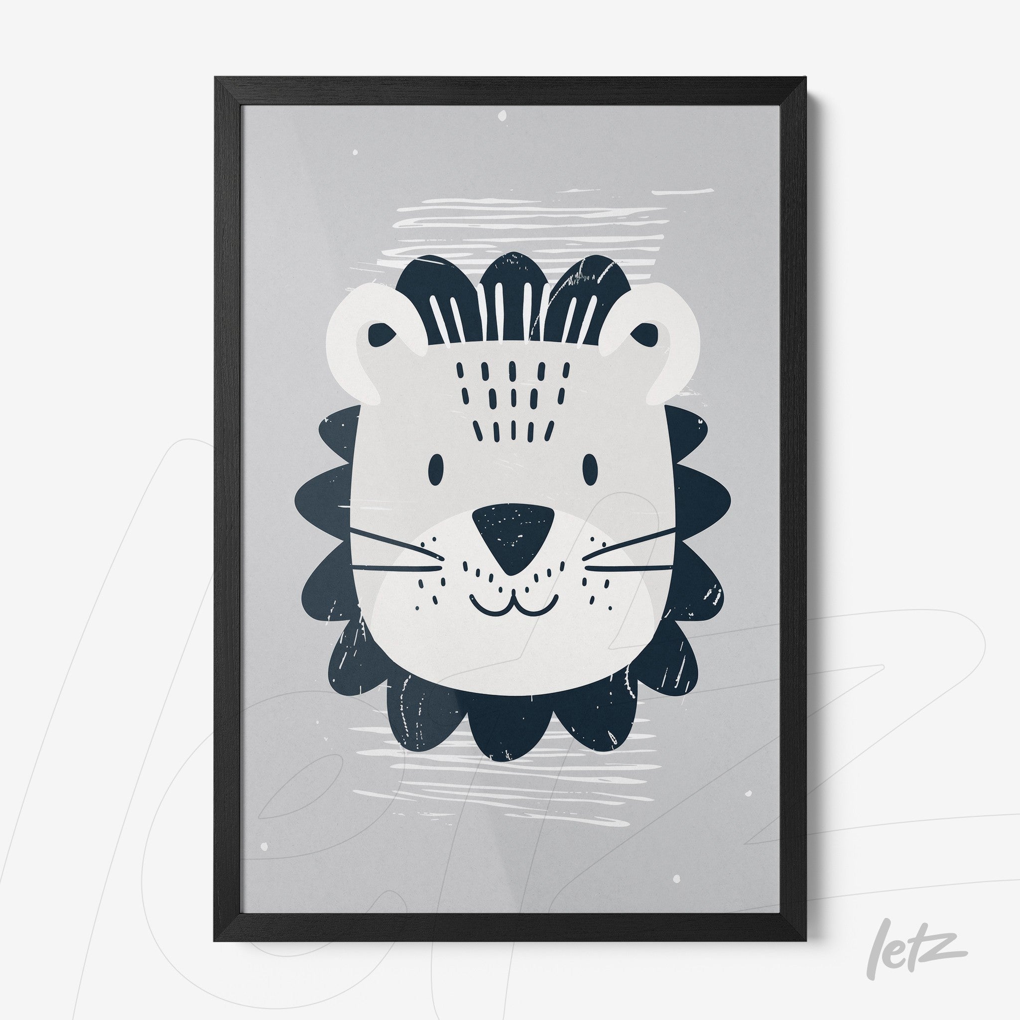 quadro com ilustração de leão estilizado em fundo cinza, moldura preta