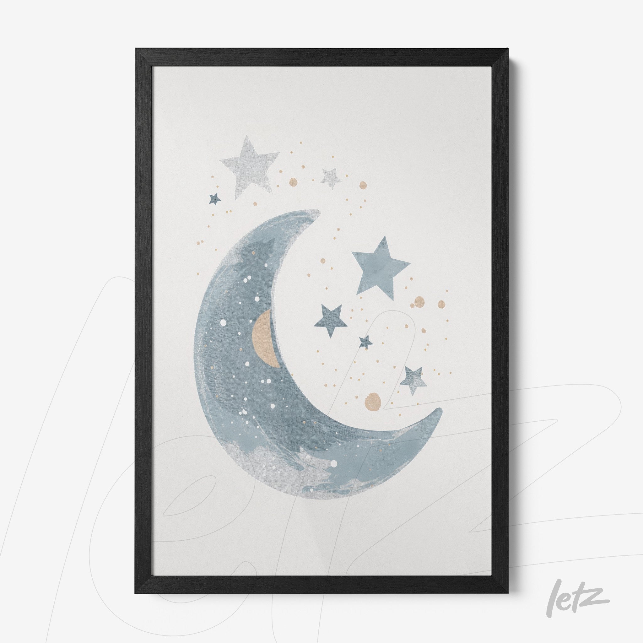 quadro com ilustração de lua em tons de azul e estrelas em fundo claro, moldura preta