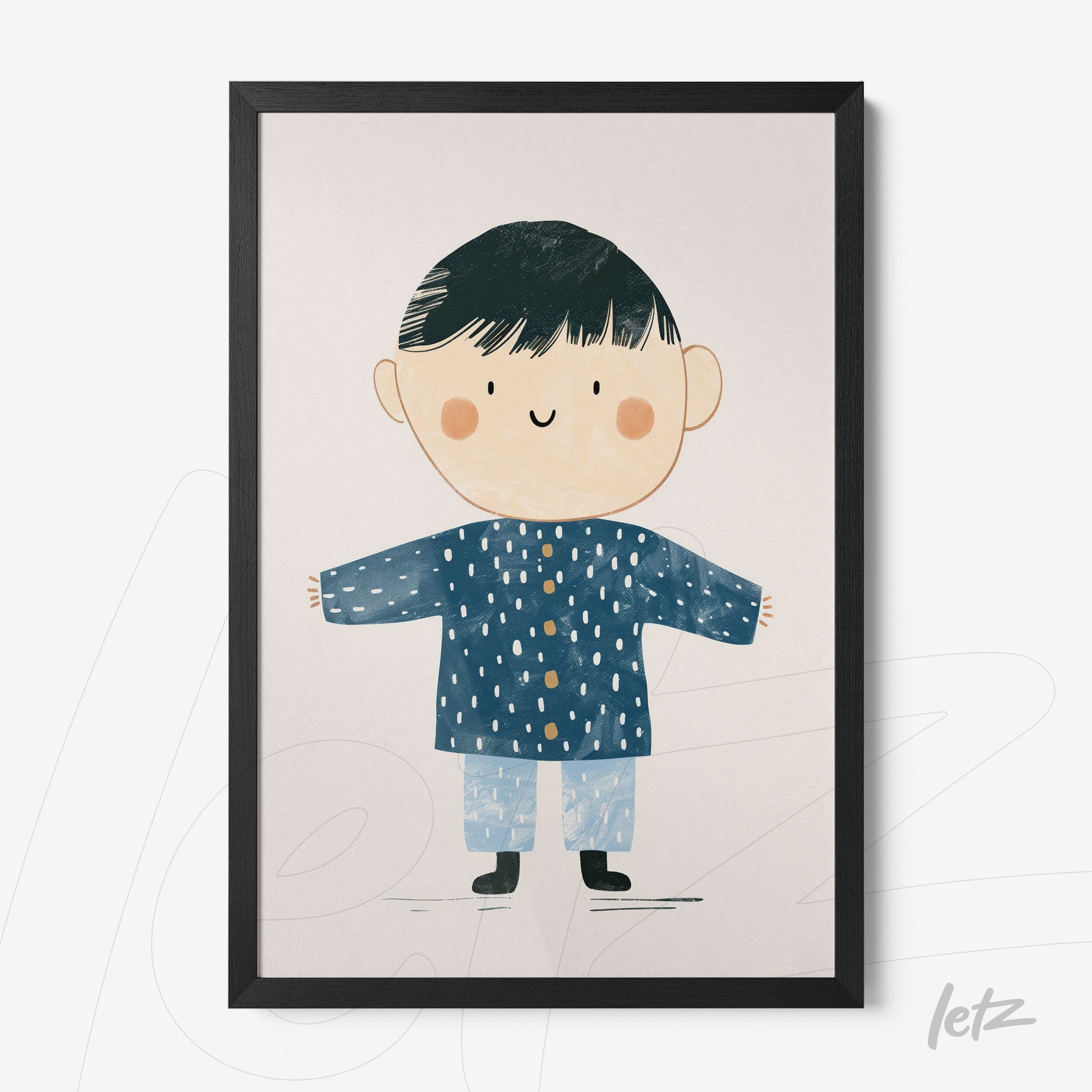 quadro com ilustração de menino sorridente vestido com casaco azul e calças claras em moldura preta